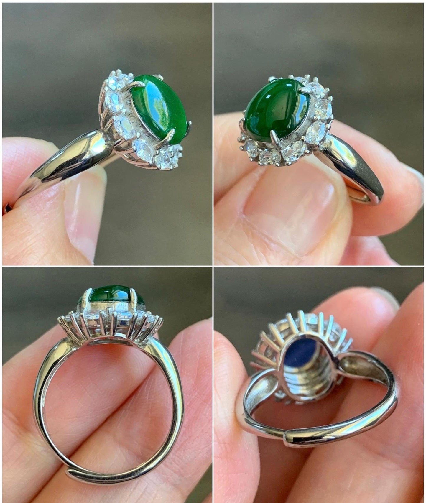 Natural Grade A Guatemalan Icy Translucent Vibrant Green Round Cabochon Jadeite Halo Ring Sterling Silver Size Adjustable 天然冰危绿翡翠银镶戒指 WLH150