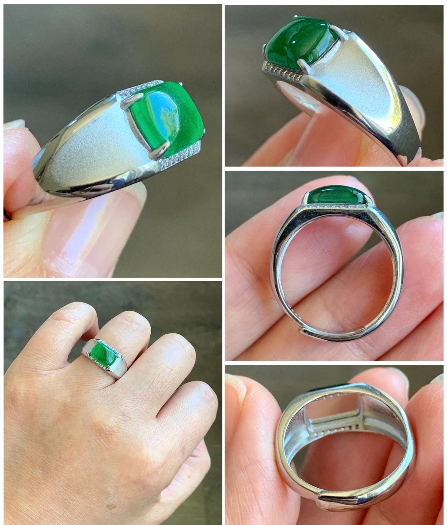 Natural Grade A Guatemalan Icy Translucent Vibrant Green Jadeite Saddle Ring Sterling Silver Size Adjustable 天然冰危绿翡翠马鞍银镶戒指 WLD150C