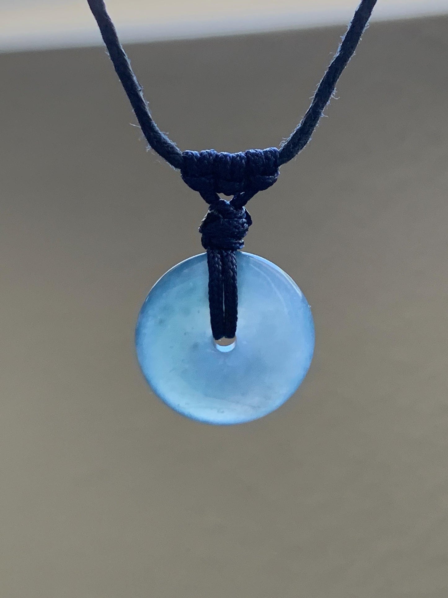 Natural Guatemalan Icy Translucent Gelatinous Aegean Blue Jadeite Mini Ping An Kou Donut Pendant Rope Necklace 25” 2g 天然冰胶危蓝牛仔蓝翡翠迷你平安扣吊坠 MA