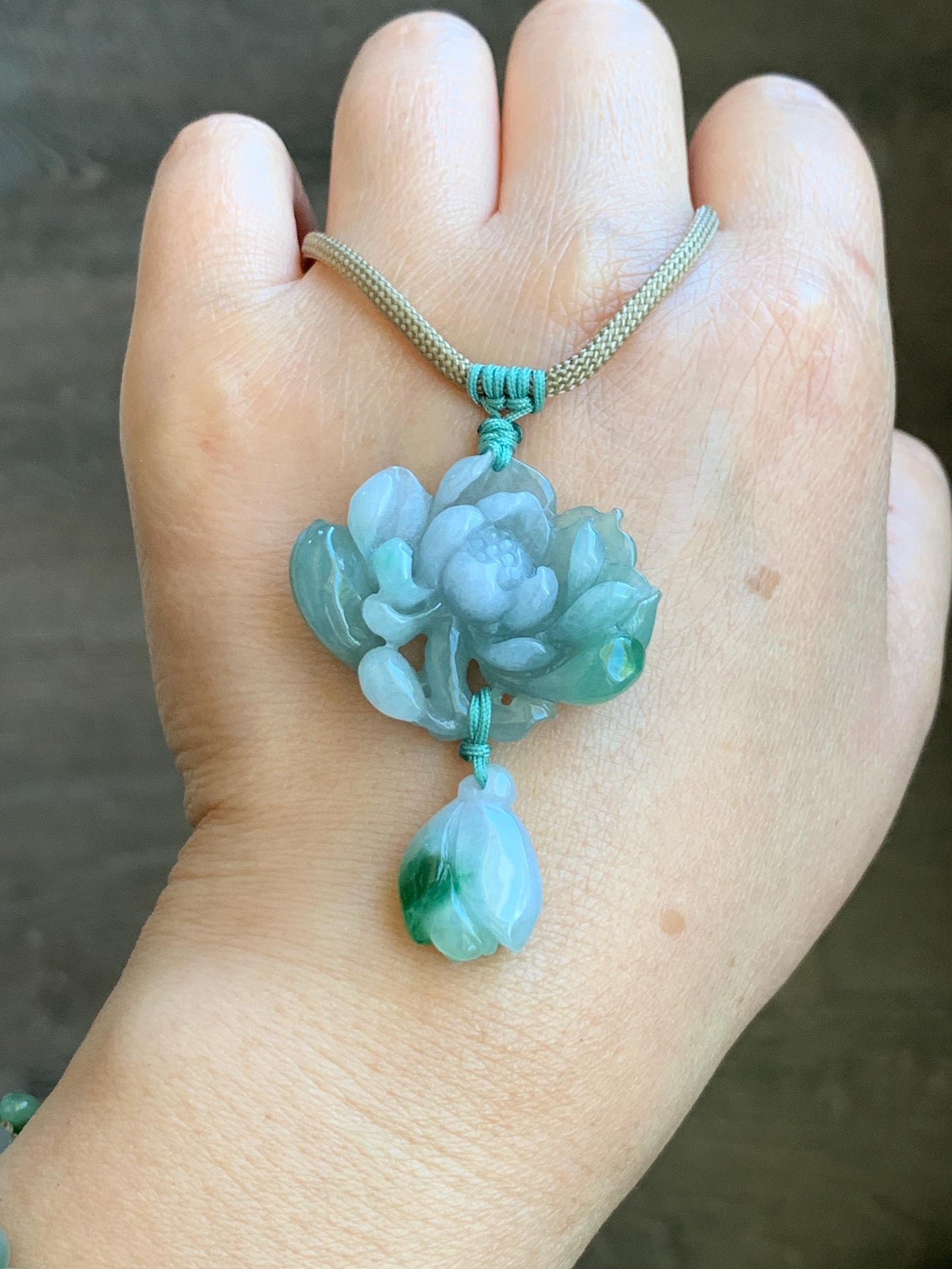 Certified Natural Grade A Icy Translucent Bicolored Jadeite Lotus Flower Pendant Rope Necklace Adjustable 26” 12.7g 天然冰晴淡紫双色翡翠莲花花苞吊坠挂件 1510