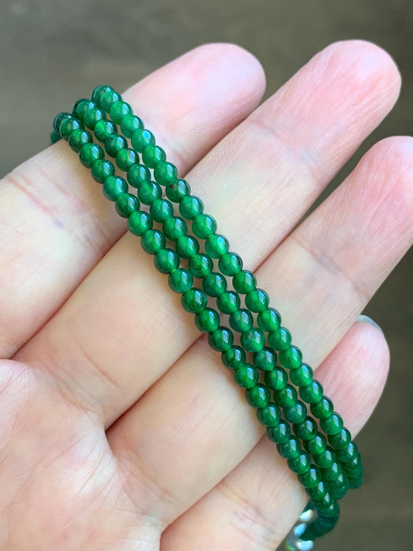 Natural Grade A Guatemalan Icy Highly Translucent Vibrant Green Jadeite Petite Beads Beaded Bracelet 6.75” 3.5mm 天然高冰危绿翡翠小卡圆珠手串 WLH630