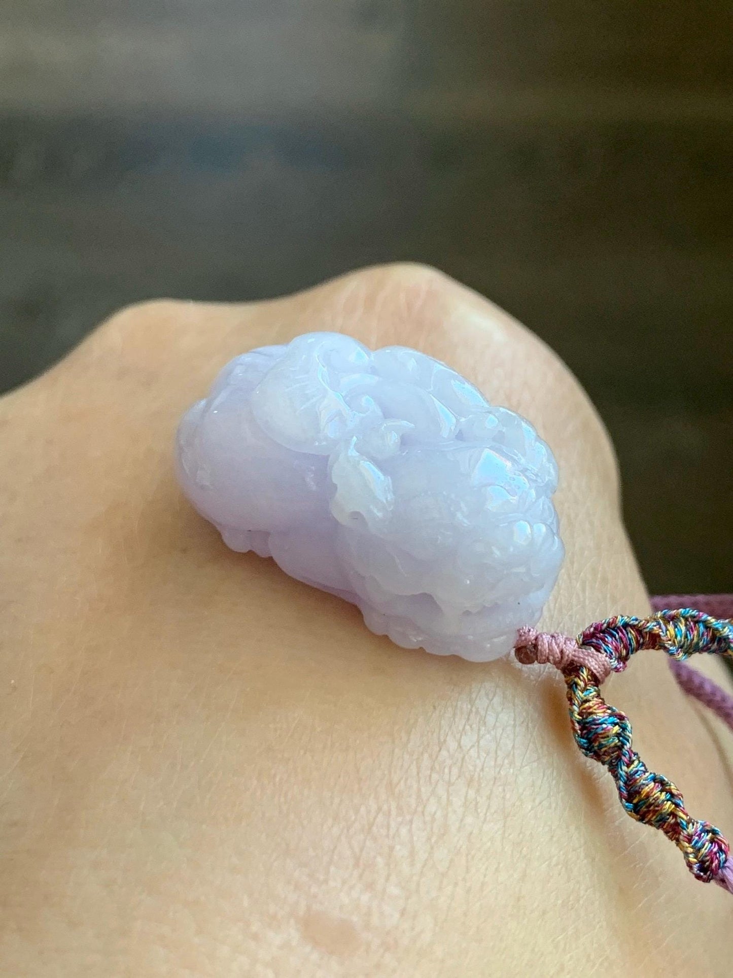 Certified Natural Grade A Icy Translucent Pastel Purple Jadeite Carved Pixiu Pendant Rope Necklace 26” Adjustable 天然糯冰淡紫翡翠含珠貔貅吊坠项链 1508