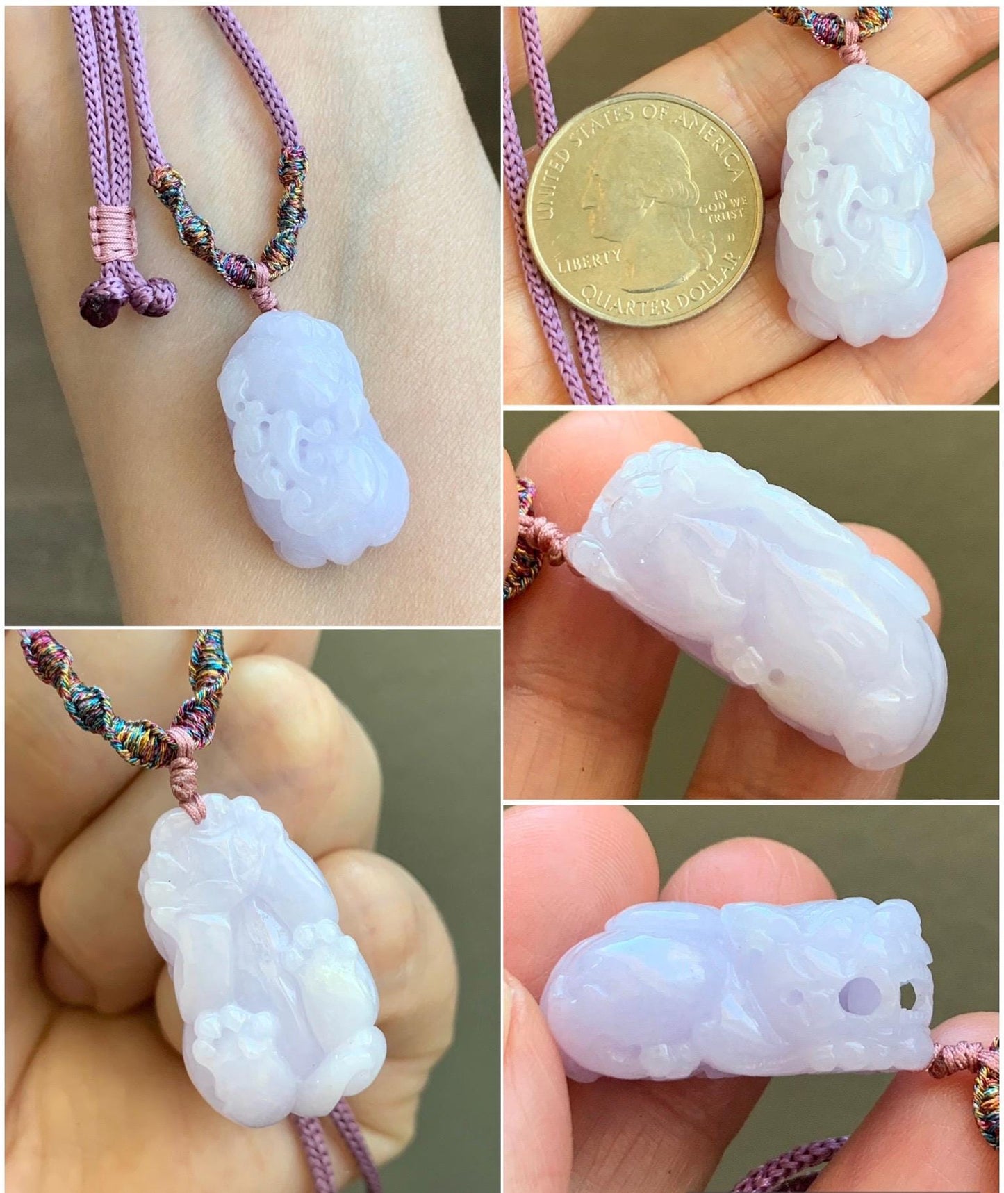 Certified Natural Grade A Icy Translucent Pastel Purple Jadeite Carved Pixiu Pendant Rope Necklace 26” Adjustable 天然糯冰淡紫翡翠含珠貔貅吊坠项链 1508