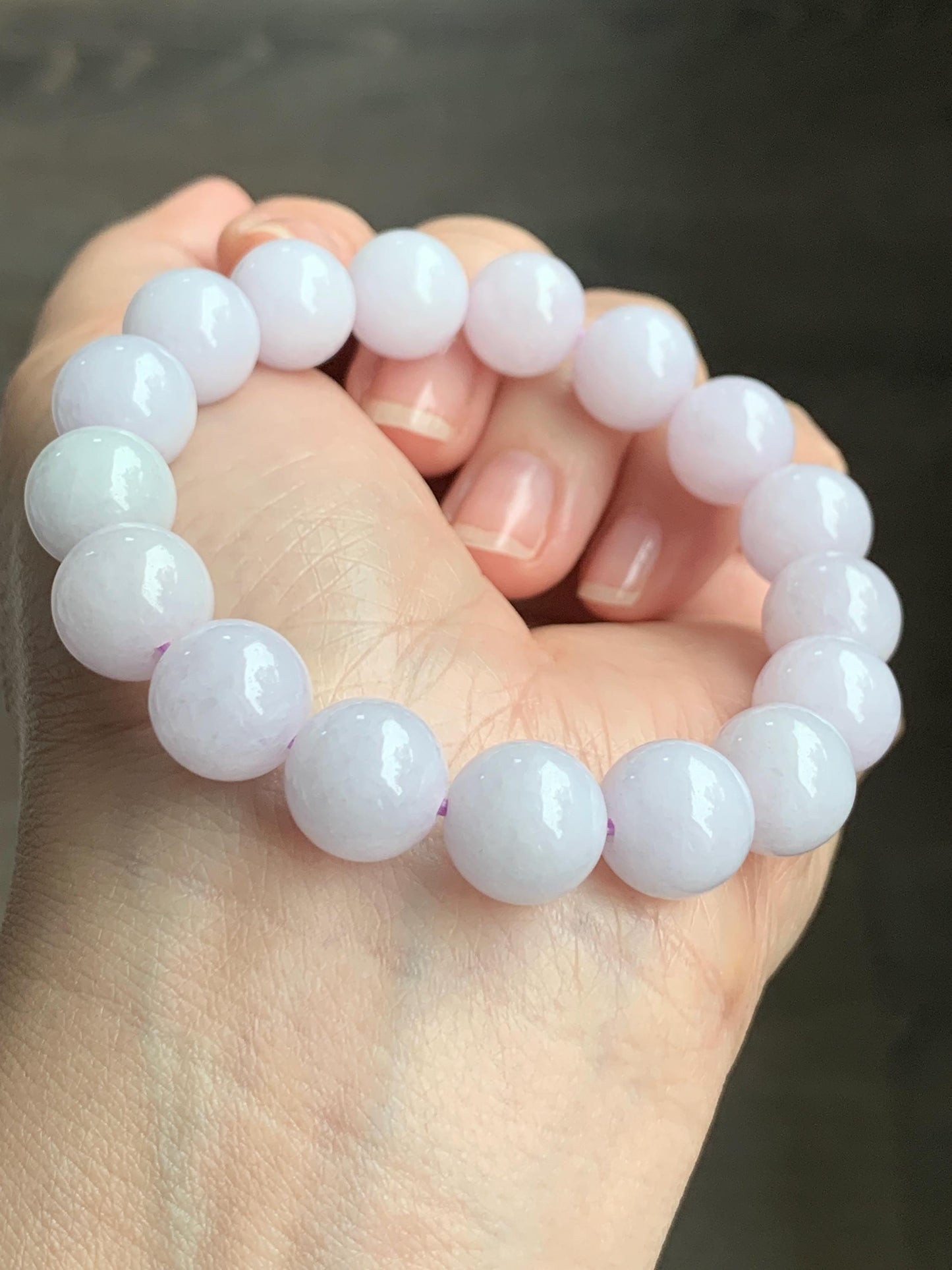 Certified Natural Grade A Translucent Pastel Lavender Jadeite Large Beads Beaded Bracelet 11.4mm 7” 43g 天然糯冰淡紫底翡翠大卡圆珠手串 1493