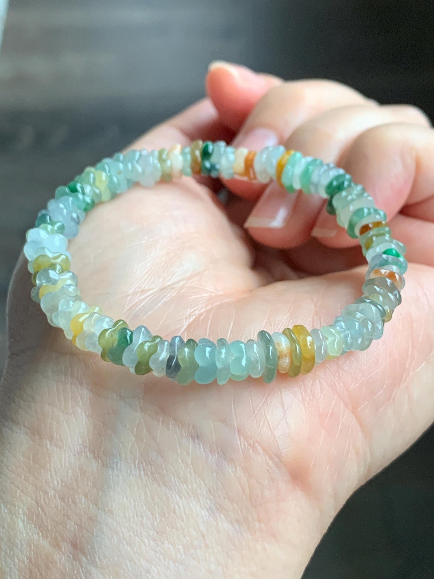 Natural Grade A Icy Highly Translucent Multicolored Jadeite Carved Osmanthus Flower Beads Beaded Bracelet 6.25” 11g 天然冰透多宝翡翠桂花珠手串 GHD440