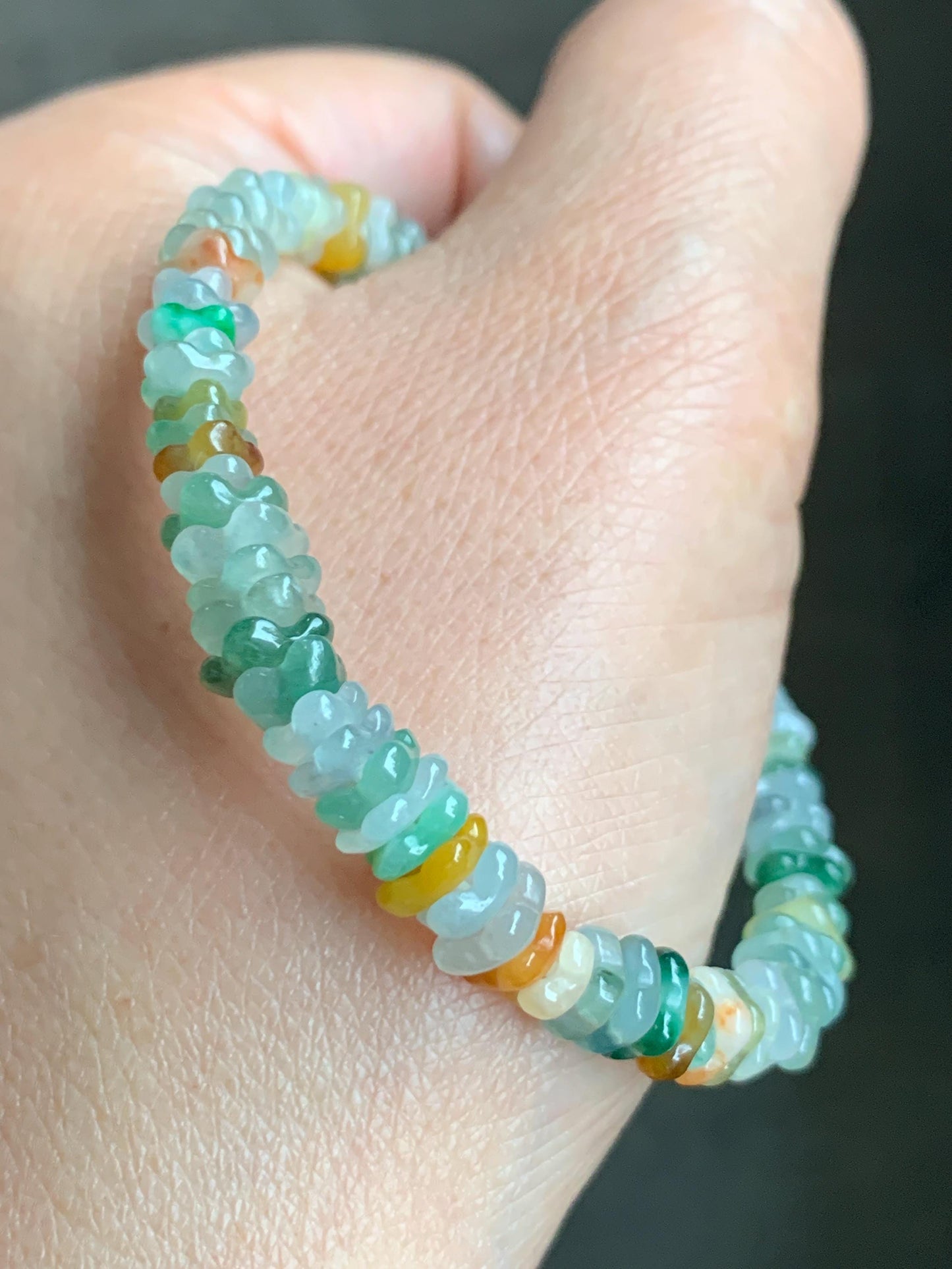 Natural Grade A Icy Highly Translucent Multicolored Jadeite Carved Osmanthus Flower Beads Beaded Bracelet 6.25” 11g 天然冰透多宝翡翠桂花珠手串 GHD440