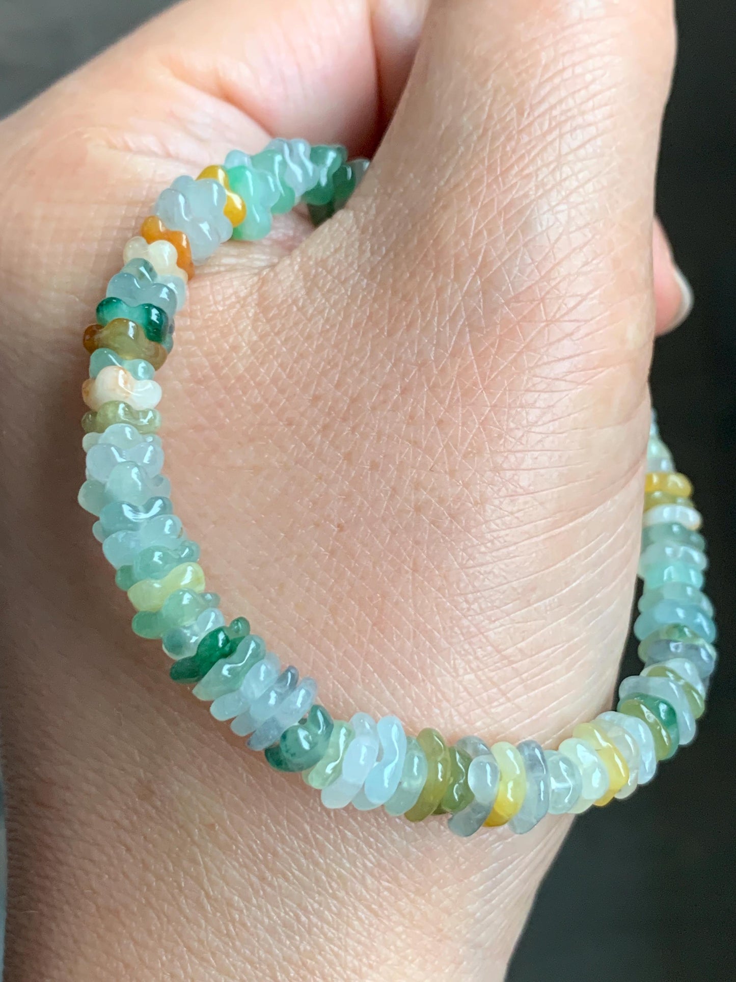 Natural Grade A Icy Highly Translucent Multicolored Jadeite Carved Osmanthus Flower Beads Beaded Bracelet 6.25” 11g 天然冰透多宝翡翠桂花珠手串 GHD440