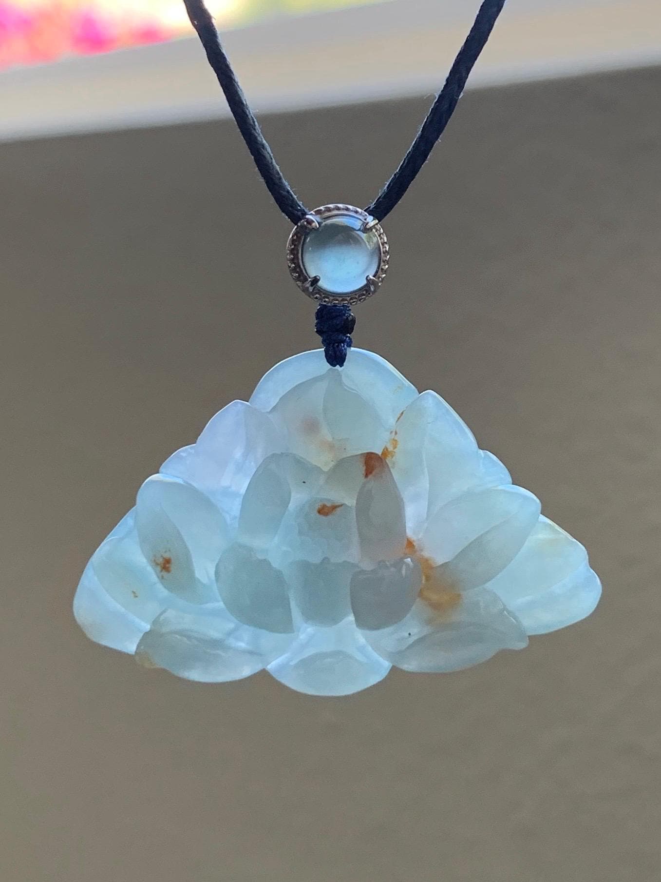 Natural Grade A Icy Translucent Pastel Blue Golden Brown Marbled Jadeite Lotus Flower Rope Necklace Sterling Silver 27" 9g 天然冰胶淡蓝撒金翡翠莲花吊坠 B