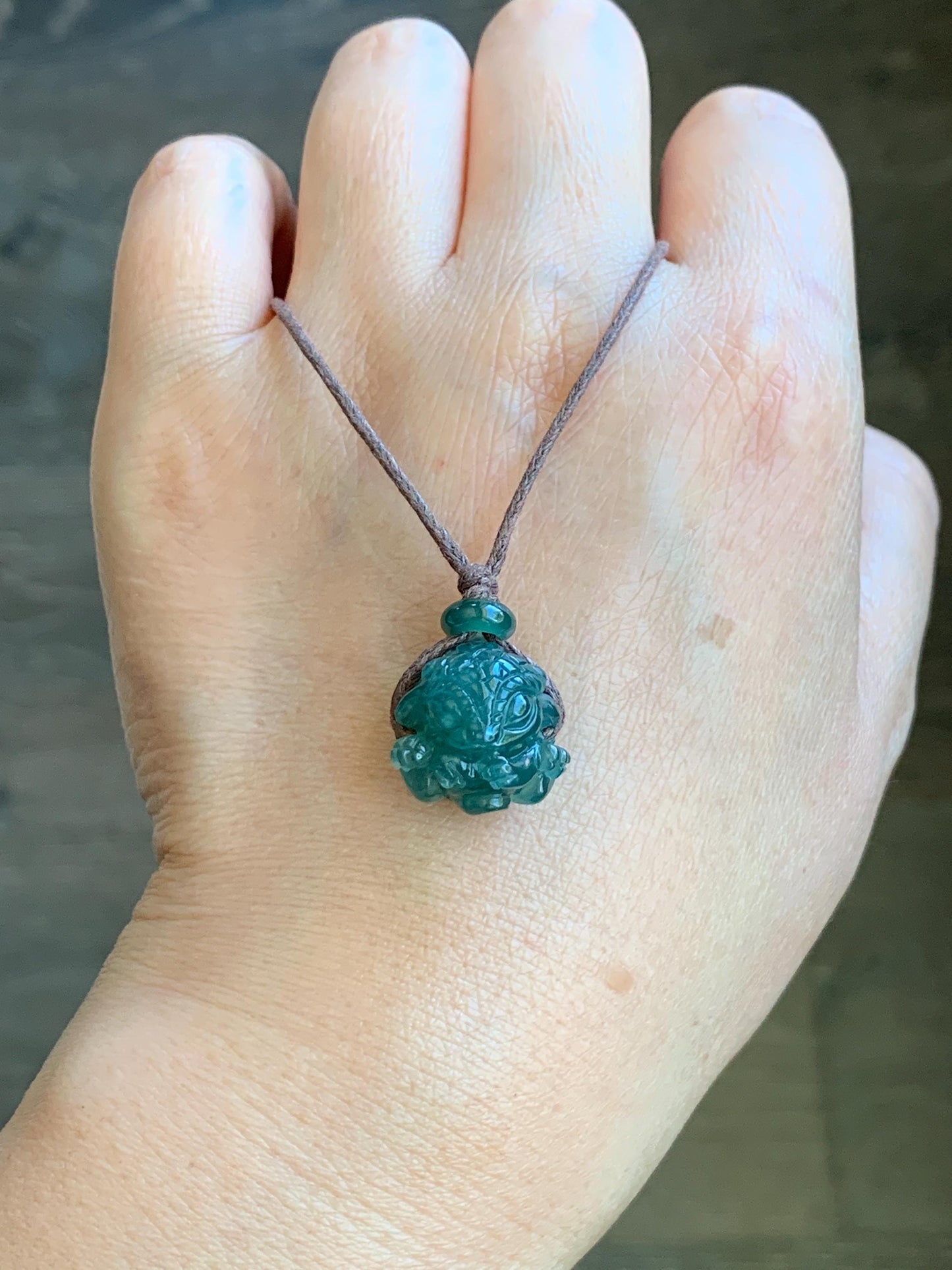 Natural Grade A Guatemalan Icy Translucent Deep Teal Blue Jadeite Baby Dragon Ball Pendant Rope Necklace 27” 6g 天然老种冰胶危深蓝翡翠龙宝宝吊坠 LBX180A