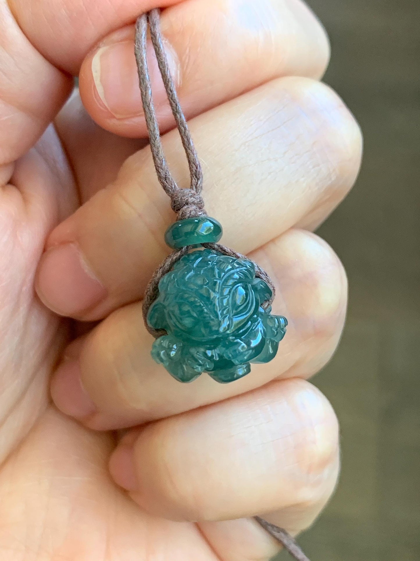 Natural Grade A Guatemalan Icy Translucent Deep Teal Blue Jadeite Baby Dragon Ball Pendant Rope Necklace 27” 6g 天然老种冰胶危深蓝翡翠龙宝宝吊坠 LBX180A