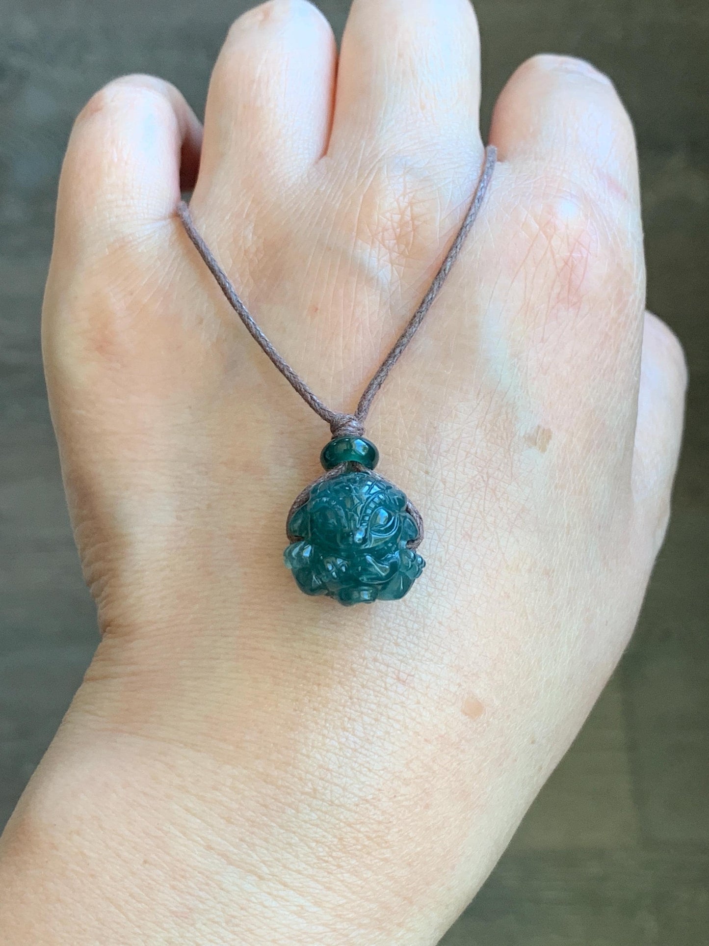 Natural Grade A Guatemalan Icy Translucent Deep Teal Blue Jadeite Baby Dragon Ball Pendant Rope Necklace 25” 7g 天然老种冰胶危深蓝翡翠龙宝宝吊坠 LBX180B