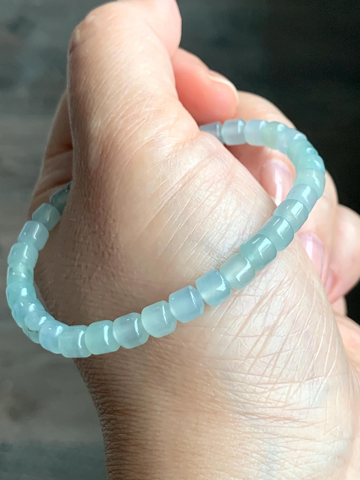 Natural Grade A Icy Highly Translucent Pastel Light Green Jadeite Modified Barrel Beads Beaded Bracelet 5.4mm 6.5" 9g 天然老种冰晴色翡翠桶珠手串 XTZ220