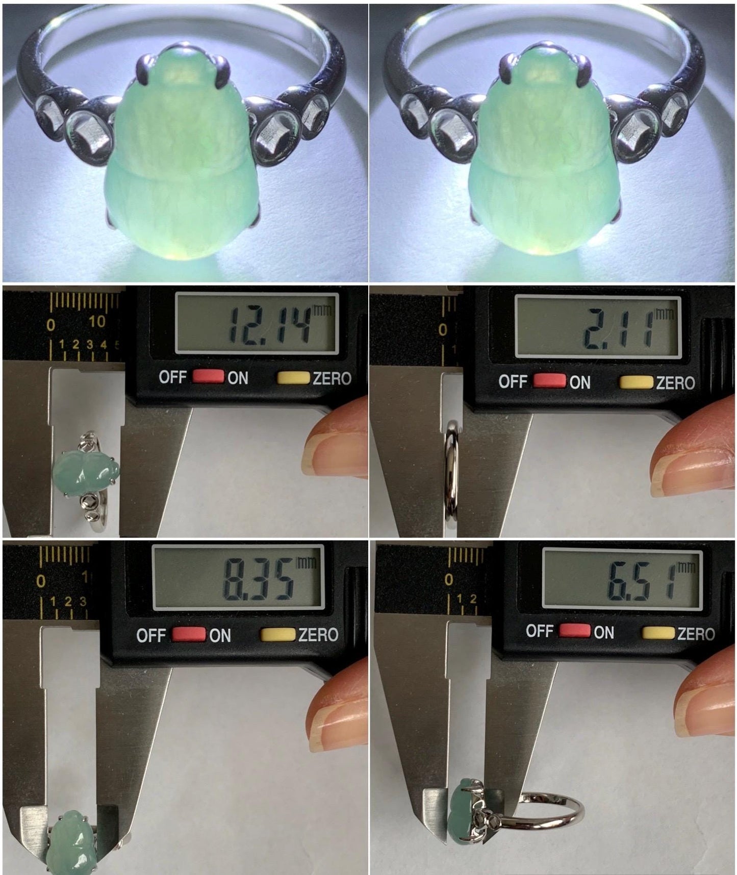 Certified Natural Grade A Icy Translucent Gelatinous Light Green Jadeite Gourd Hulu Ring Sterling Silver size 7 US 2.7g 天然冰胶晴蓝底翡翠葫芦镶嵌戒指 1504
