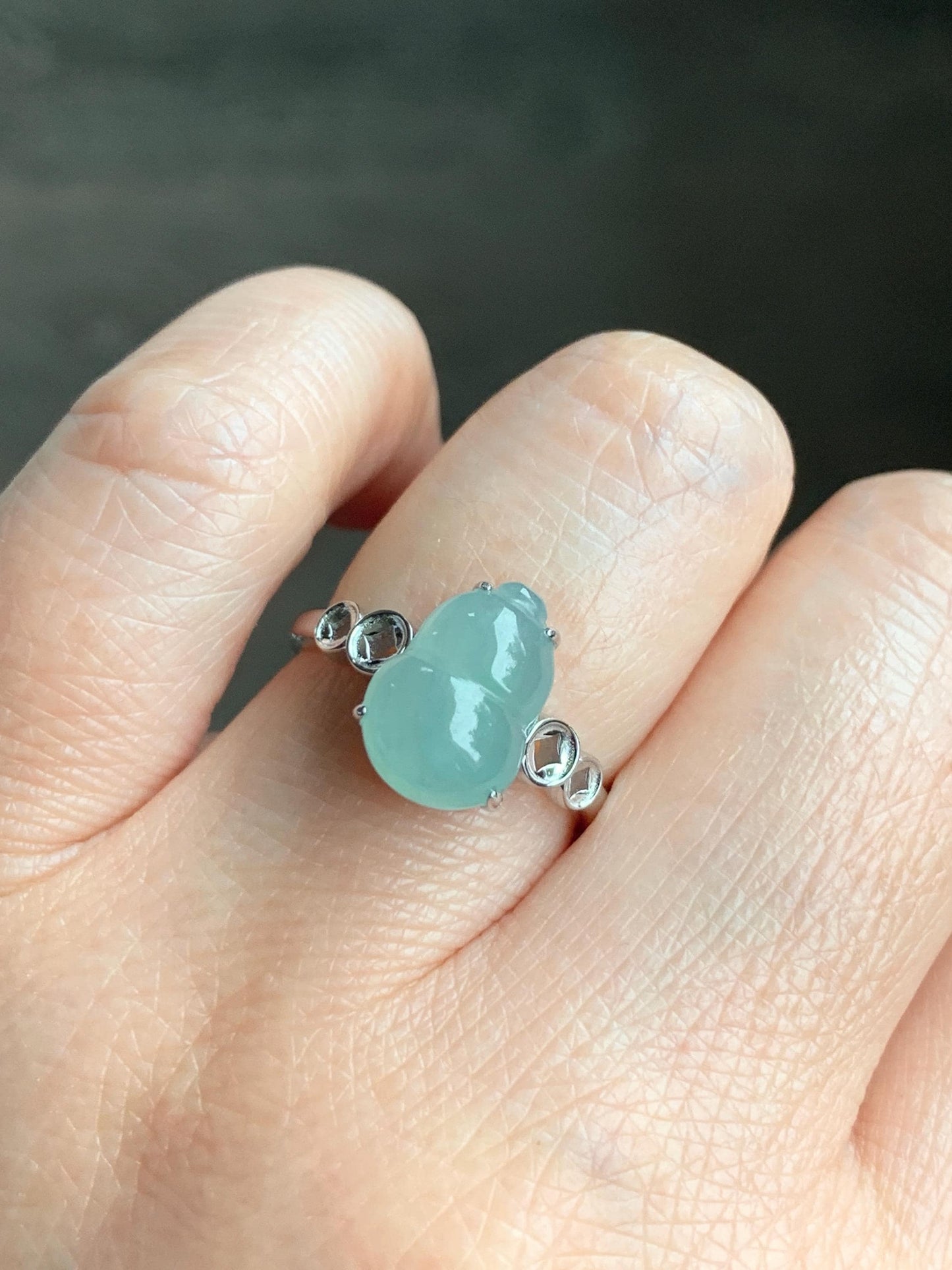 Certified Natural Grade A Icy Translucent Gelatinous Light Green Jadeite Gourd Hulu Ring Sterling Silver size 7 US 2.7g 天然冰胶晴蓝底翡翠葫芦镶嵌戒指 1504