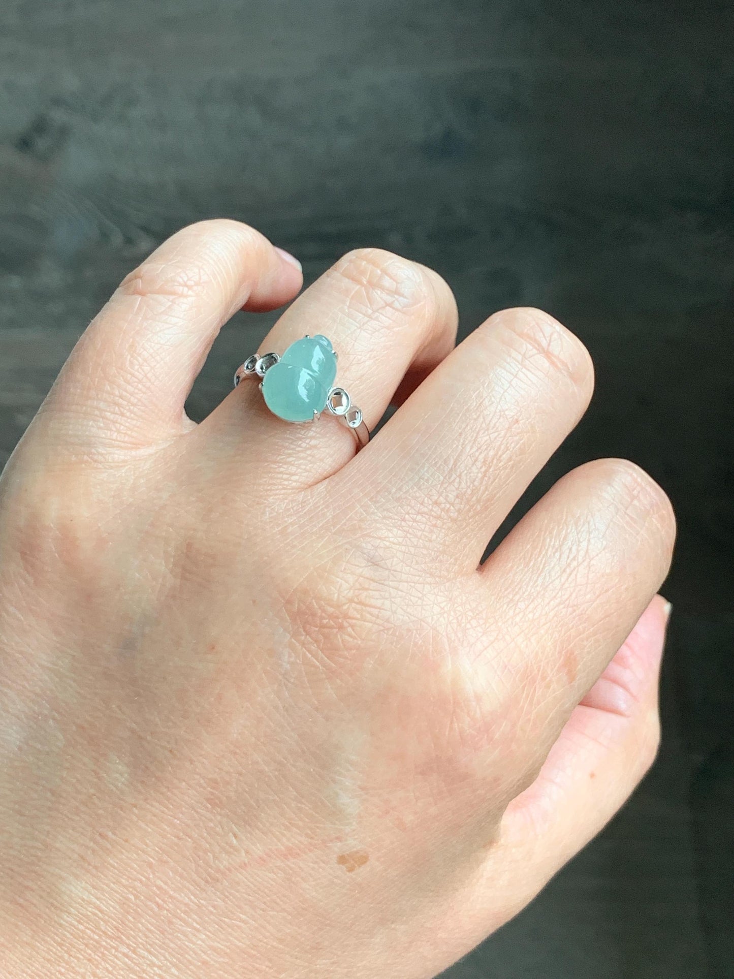 Certified Natural Grade A Icy Translucent Gelatinous Light Green Jadeite Gourd Hulu Ring Sterling Silver size 7 US 2.7g 天然冰胶晴蓝底翡翠葫芦镶嵌戒指 1504