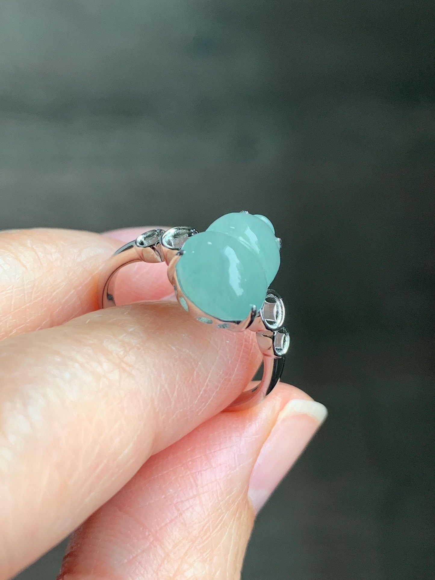 Certified Natural Grade A Icy Translucent Gelatinous Light Green Jadeite Gourd Hulu Ring Sterling Silver size 7 US 2.7g 天然冰胶晴蓝底翡翠葫芦镶嵌戒指 1504