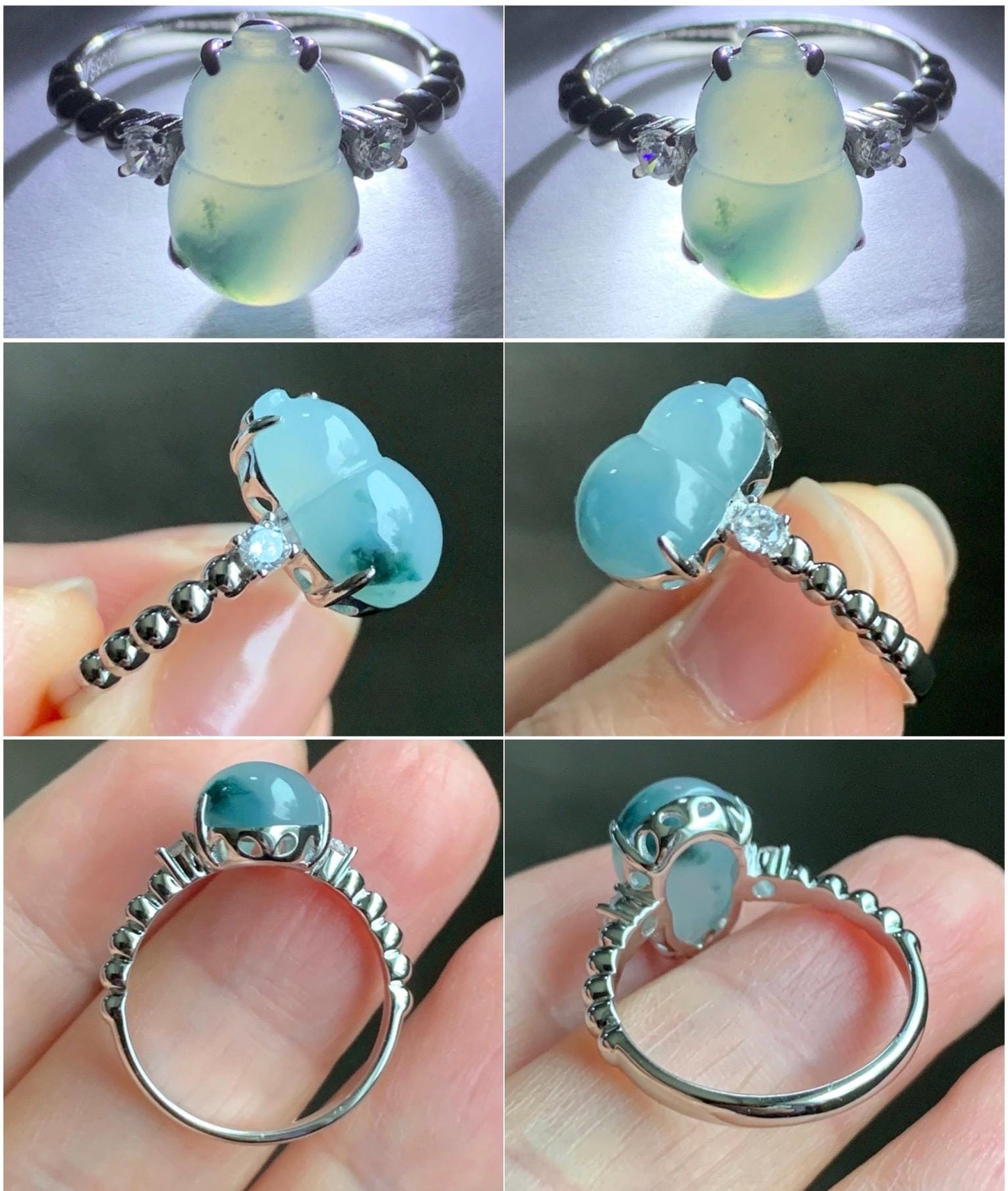 Certified Natural Grade A Icy Translucent Gelatinous Teal Green Marbled Jadeite Gourd Hulu Ring Sterling Silver sz 7.25 天然冰胶蓝花翡翠葫芦镶嵌戒指 1503