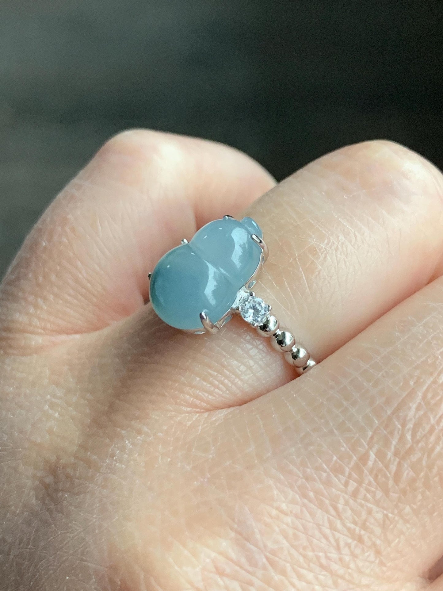 Certified Natural Grade A Icy Translucent Gelatinous Teal Green Marbled Jadeite Gourd Hulu Ring Sterling Silver sz 7.25 天然冰胶蓝花翡翠葫芦镶嵌戒指 1503