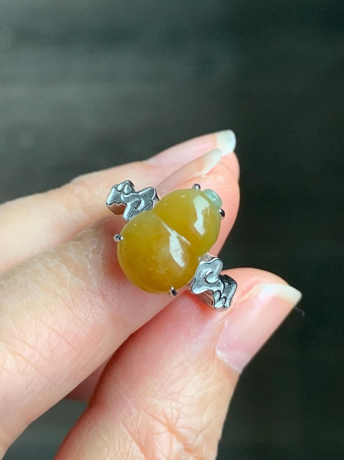 Certified Natural Grade A Icy Translucent Gelatinous Deep Yellow Jadeite Gourd Hulu Ring Sterling Silver size 7.25 US 天然糯冰油黄翡翠葫芦镶嵌戒指 1501