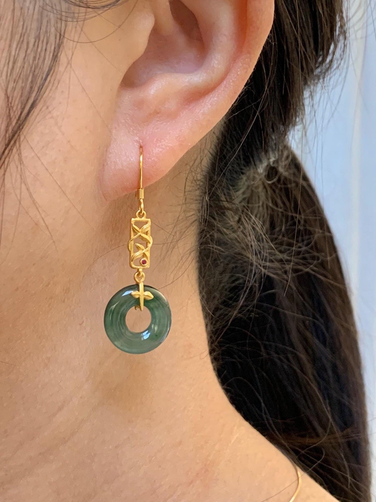 Natural Grade A Guatemalan Icy Translucent Teal Green Jade Jadeite Ping An Kou Donut Dangle Earrings Sterling Silver 天然冰危深蓝绿翡翠平安扣耳钩 ZJK138