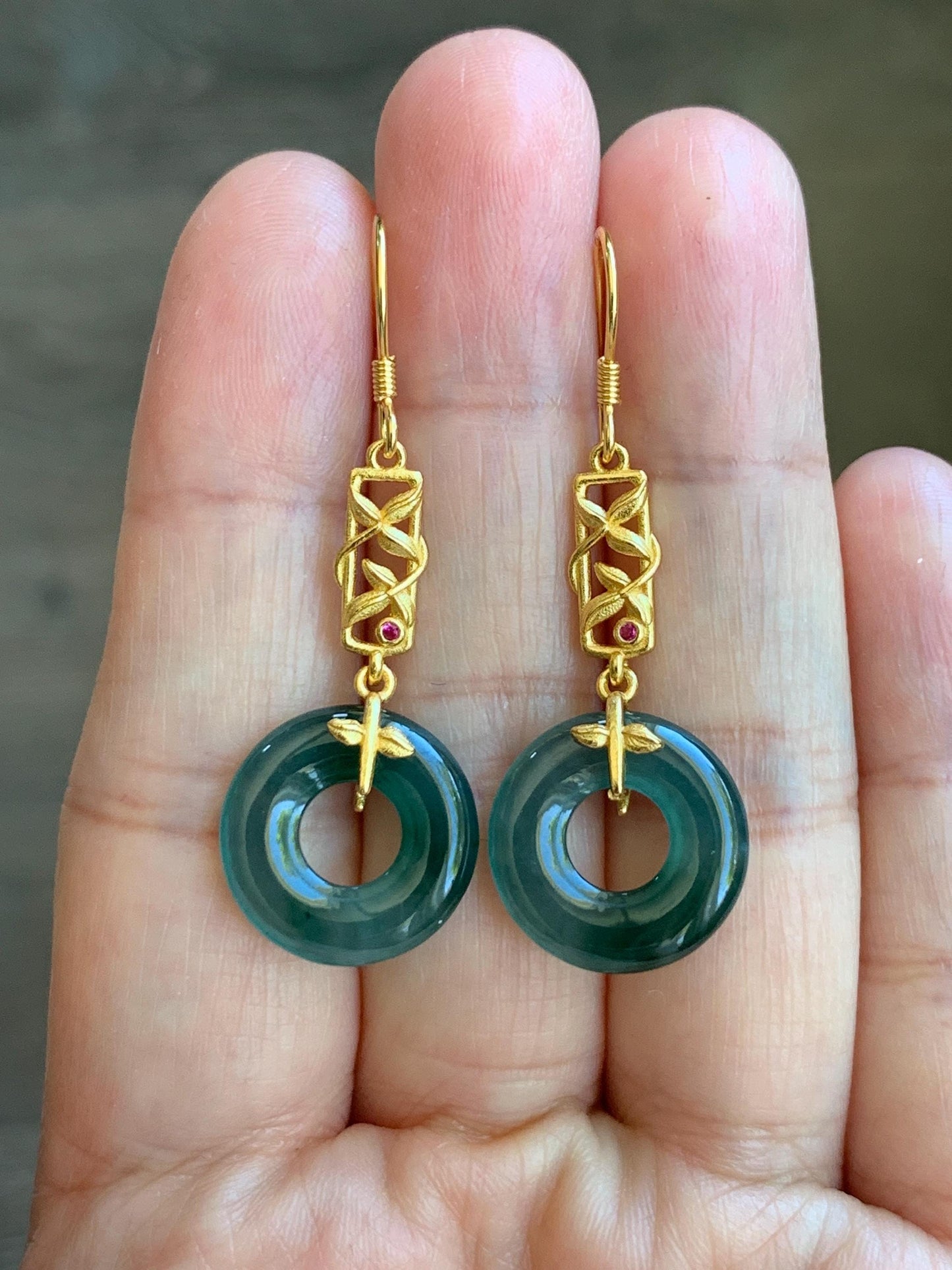 Natural Grade A Guatemalan Icy Translucent Teal Green Jade Jadeite Ping An Kou Donut Dangle Earrings Sterling Silver 天然冰危深蓝绿翡翠平安扣耳钩 ZJK138