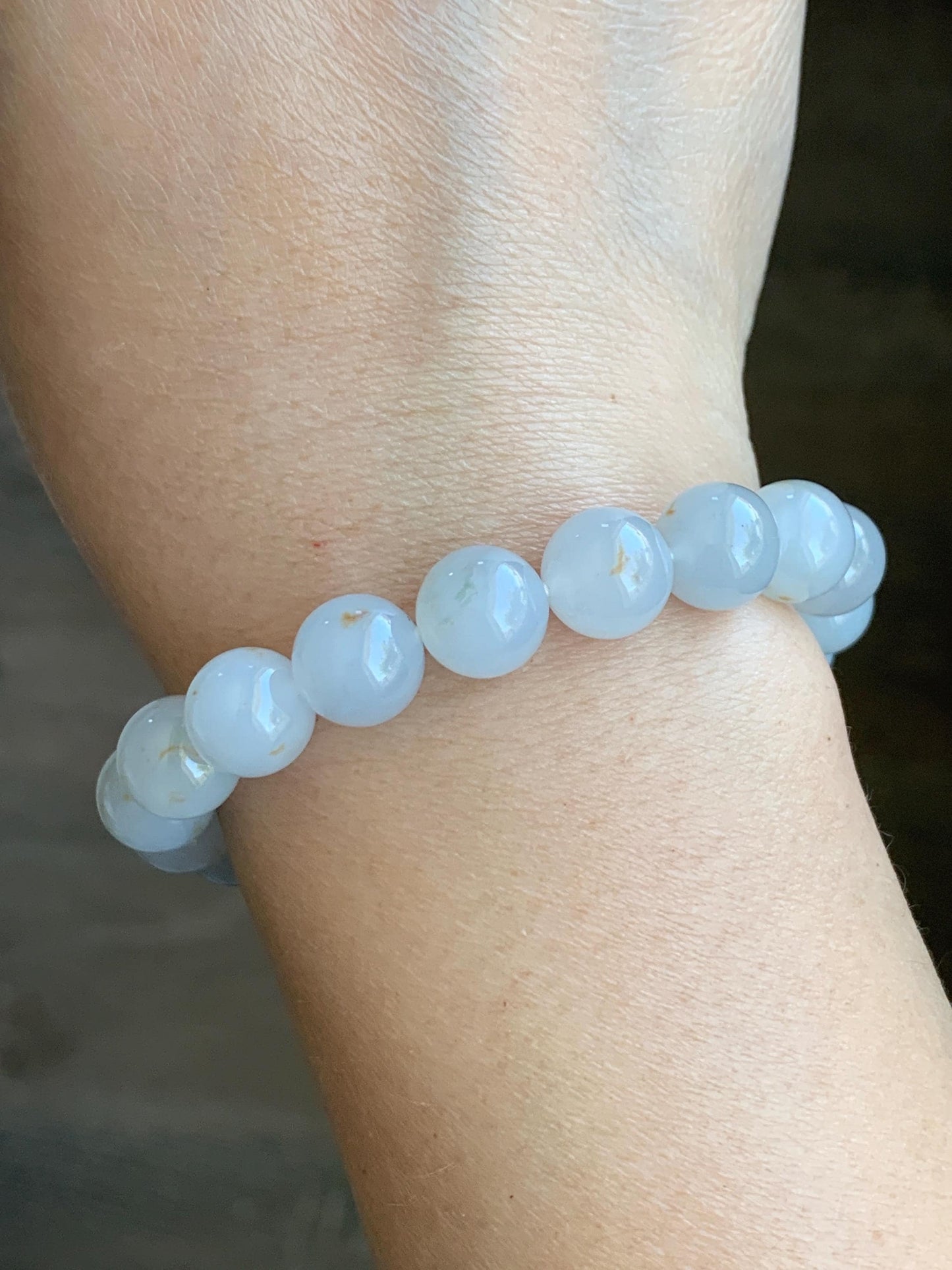 Certified Natural Grade A Icy Translucent Gelatinous Pastel Blue Golden Marbled Jadeite Beaded Bracelet 10mm 7” 天然老种冰胶淡蓝底撒金翡翠大卡圆珠手串 1124