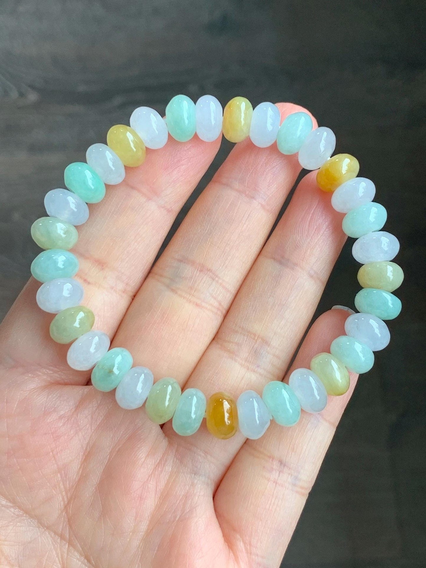 Certified Natural Grade A Icy Translucent Multicolored Jadeite Large Drum Beads Beaded Bracelet 8.9x5mm 7” 27 grams 天然冰胶多宝翡翠大卡鼓珠手串 1123