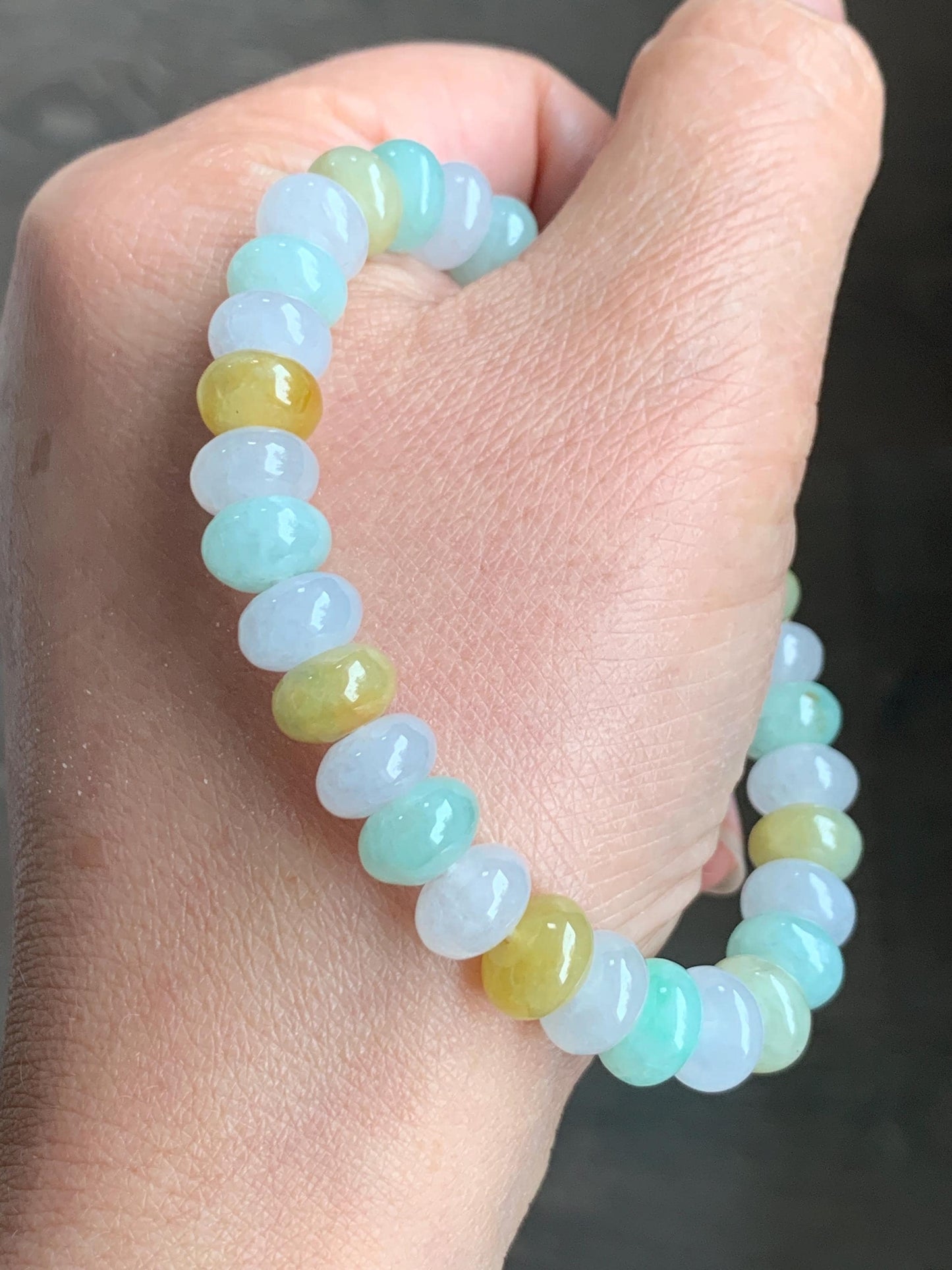 Certified Natural Grade A Icy Translucent Multicolored Jadeite Large Drum Beads Beaded Bracelet 8.9x5mm 7” 27 grams 天然冰胶多宝翡翠大卡鼓珠手串 1123