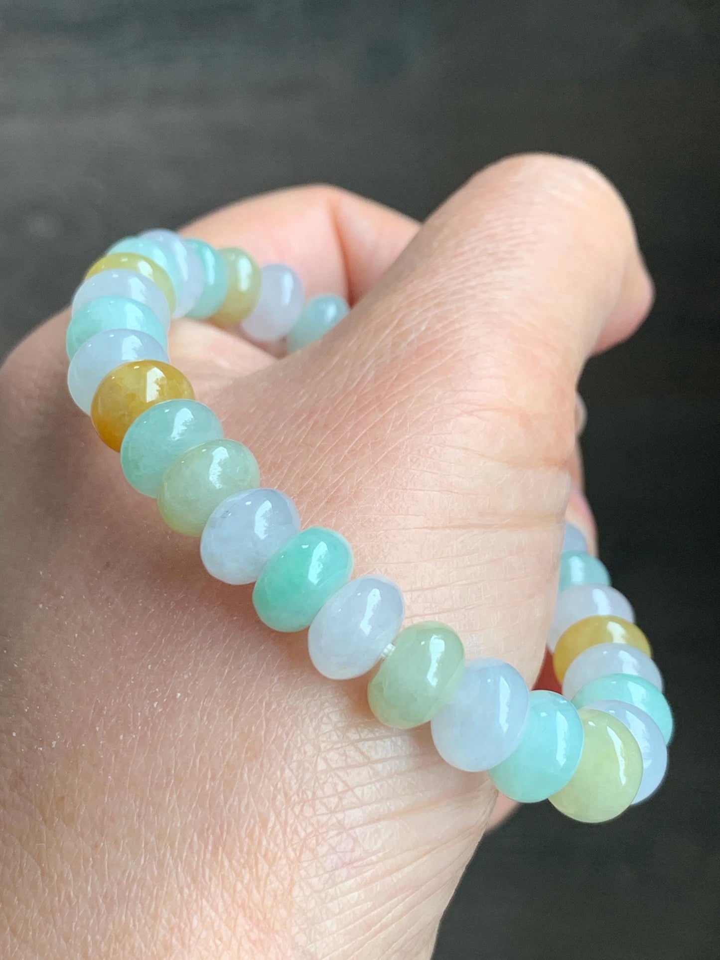 Certified Natural Grade A Icy Translucent Multicolored Jadeite Large Drum Beads Beaded Bracelet 8.9x5mm 7” 27 grams 天然冰胶多宝翡翠大卡鼓珠手串 1123