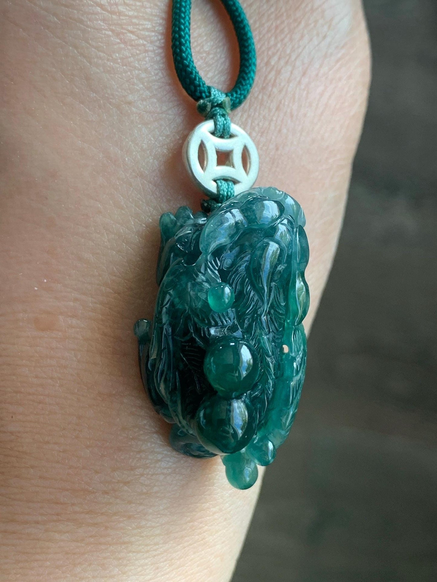 Natural Grade A Guatemalan Icy Translucent Dark Teal Green Jadeite Pixiu w/ Wings Pendant Rope Necklace 26" 20g 天然老种冰危深蓝绿翡翠飞天貔貅吊坠 FTP288
