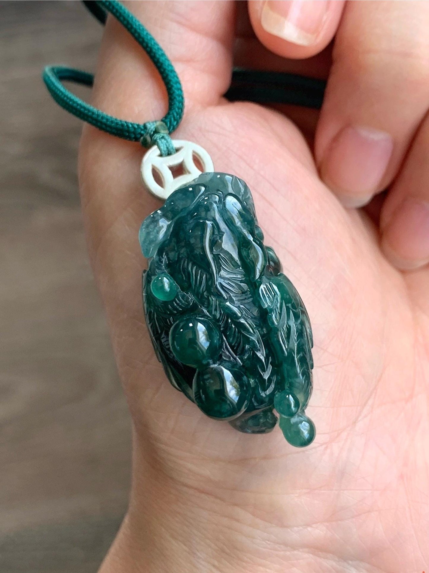 Natural Grade A Guatemalan Icy Translucent Dark Teal Green Jadeite Pixiu w/ Wings Pendant Rope Necklace 26" 20g 天然老种冰危深蓝绿翡翠飞天貔貅吊坠 FTP288