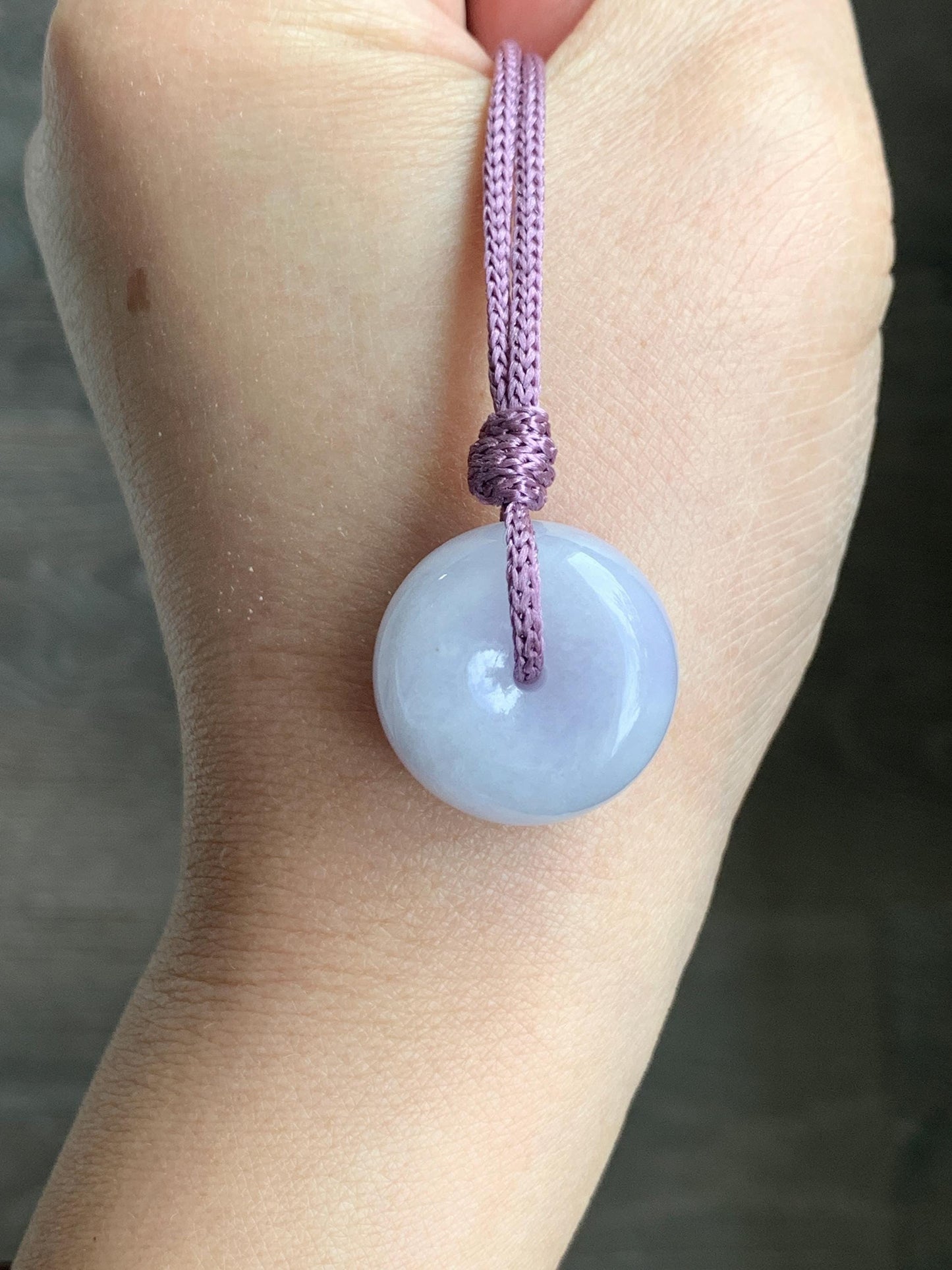 Certified Natural Grade A Icy Translucent Light Purple Jadeite Ping An Kou Thick Donut Pendant Rope Necklace 25” 12g 天然冰紫翡翠厚平安扣吊坠 1511