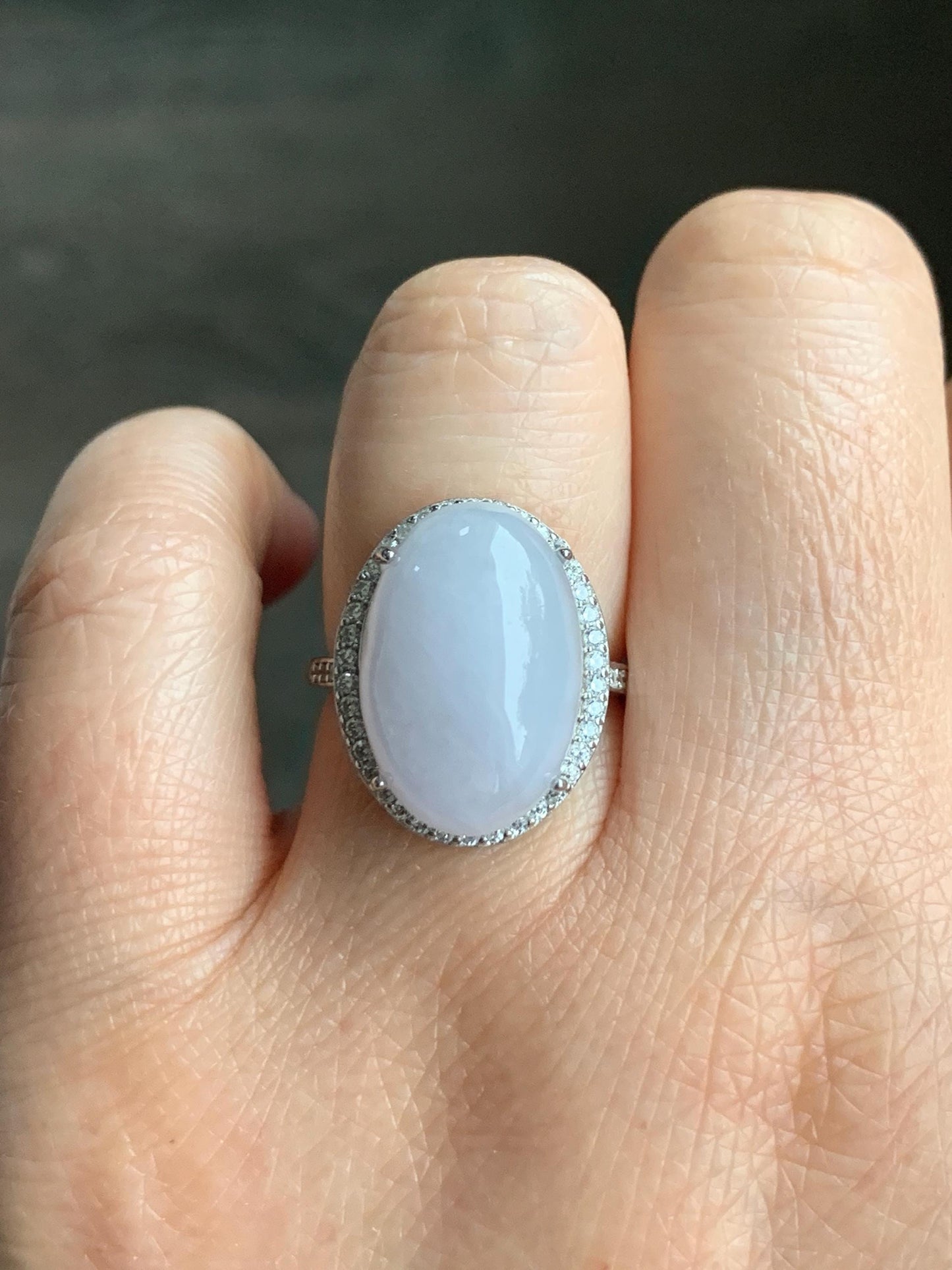 Natural Grade A Icy Translucent Pastel Purple Undertone Jadeite Oval Cabochon Ring Sterling Silver Size Adjustable 天然冰淡紫底翡翠大蛋面银镶戒指 DDZ-B