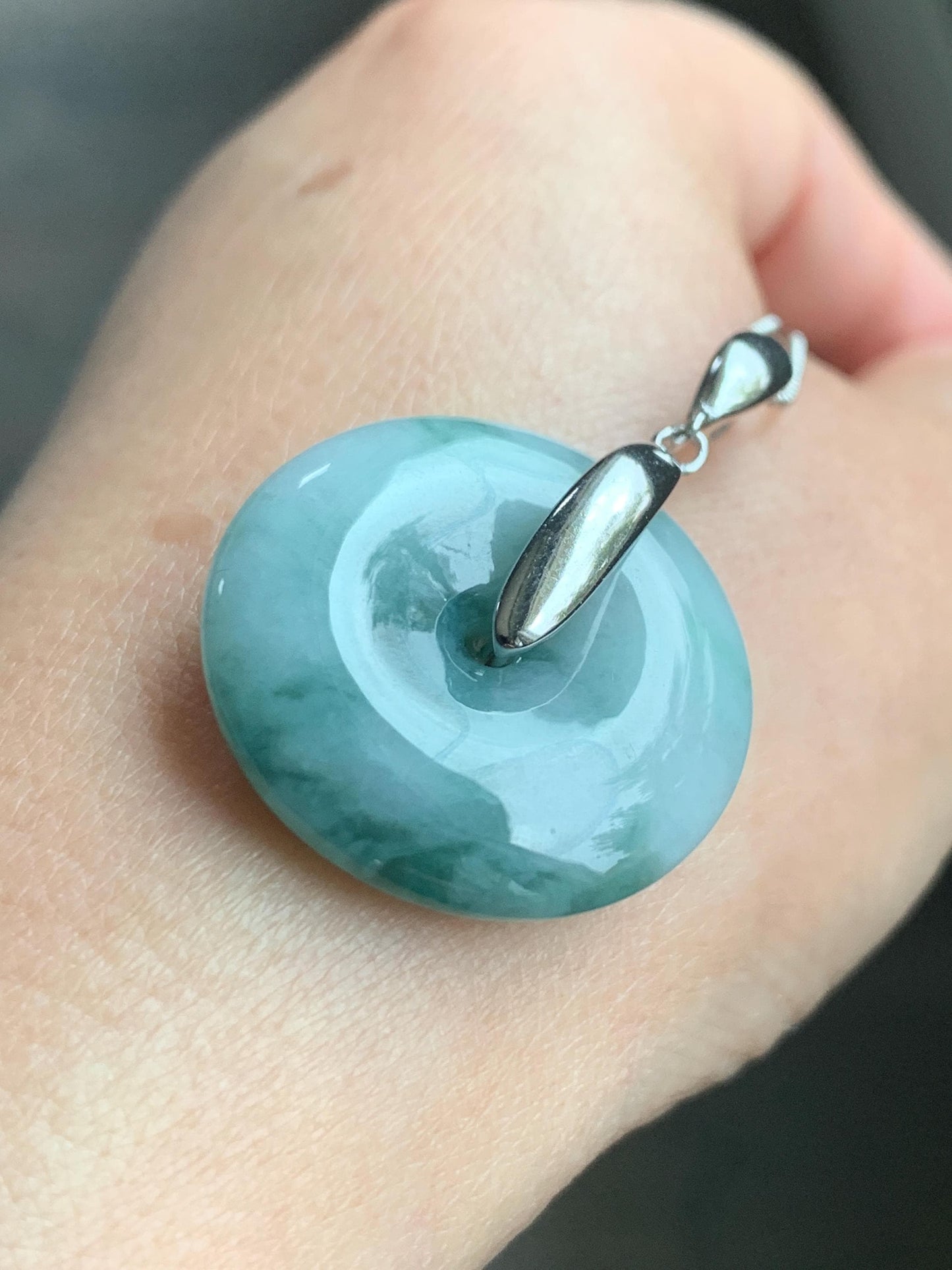 Natural Grade A Icy Translucent Teal Blue Marbled Jadeite Ping An Kou Donut Pendant Sterling Silver Bail 10g 天然糯冰飘花翡翠平安扣吊坠 MPK-2