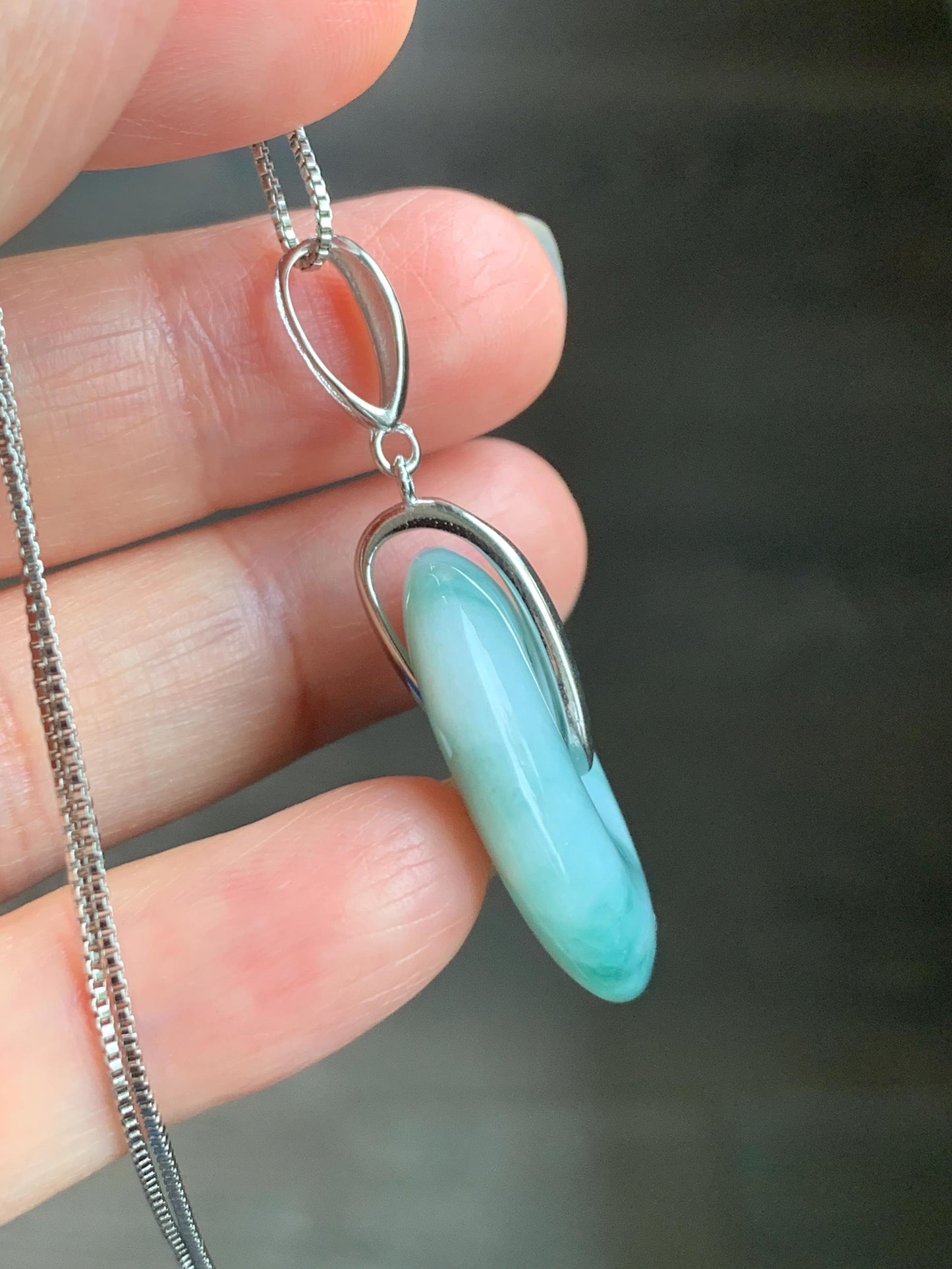 Natural Grade A Icy Translucent Teal Blue Marbled Jadeite Ping An Kou Donut Pendant Sterling Silver Bail 10g 天然糯冰飘花翡翠平安扣吊坠 MPK-2
