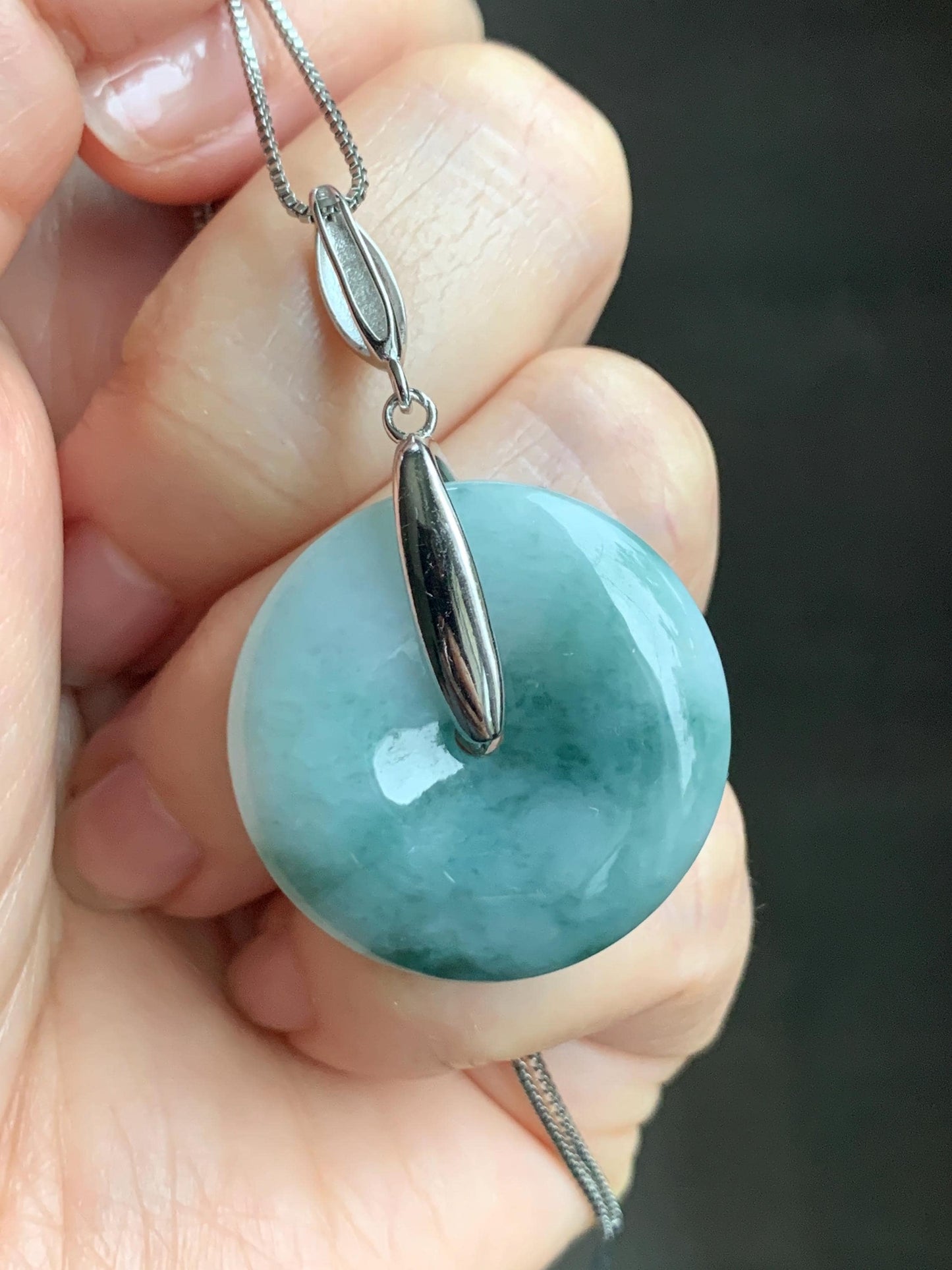 Natural Grade A Icy Translucent Teal Blue Marbled Jadeite Ping An Kou Donut Pendant Sterling Silver Bail 10g 天然糯冰飘花翡翠平安扣吊坠 MPK-2