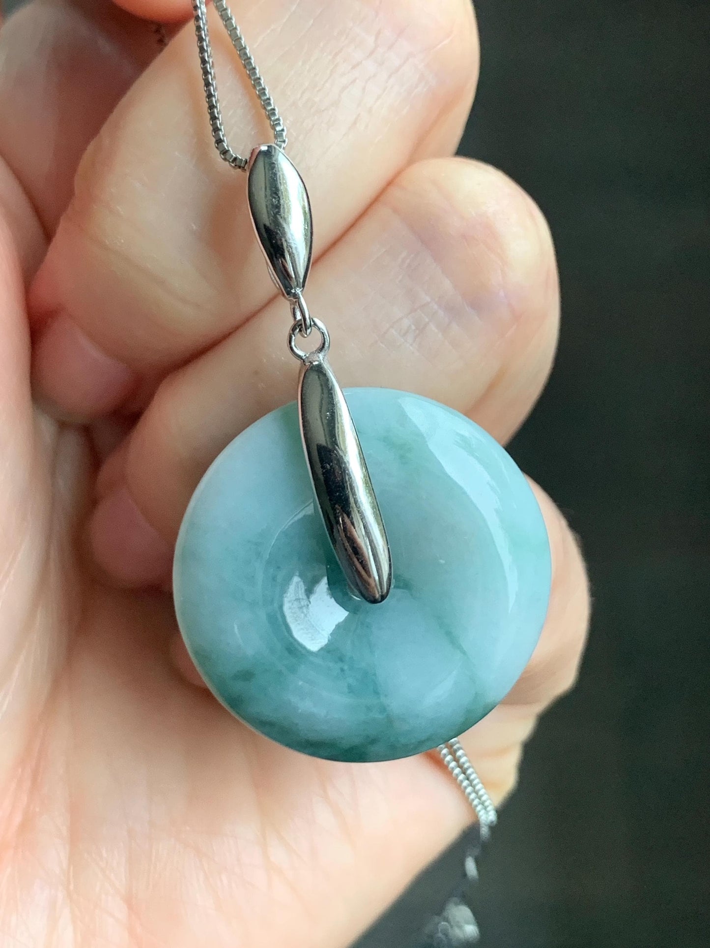 Natural Grade A Icy Translucent Teal Blue Marbled Jadeite Ping An Kou Donut Pendant Sterling Silver Bail 10g 天然糯冰飘花翡翠平安扣吊坠 MPK-2