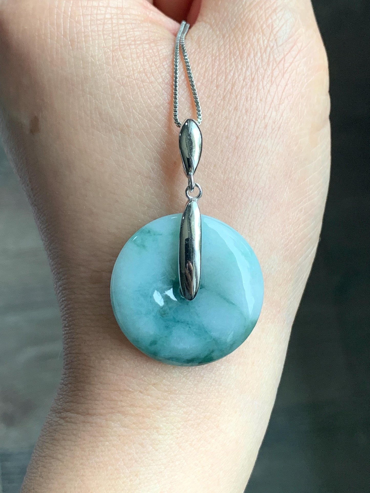 Natural Grade A Icy Translucent Teal Blue Marbled Jadeite Ping An Kou Donut Pendant Sterling Silver Bail 10g 天然糯冰飘花翡翠平安扣吊坠 MPK-2