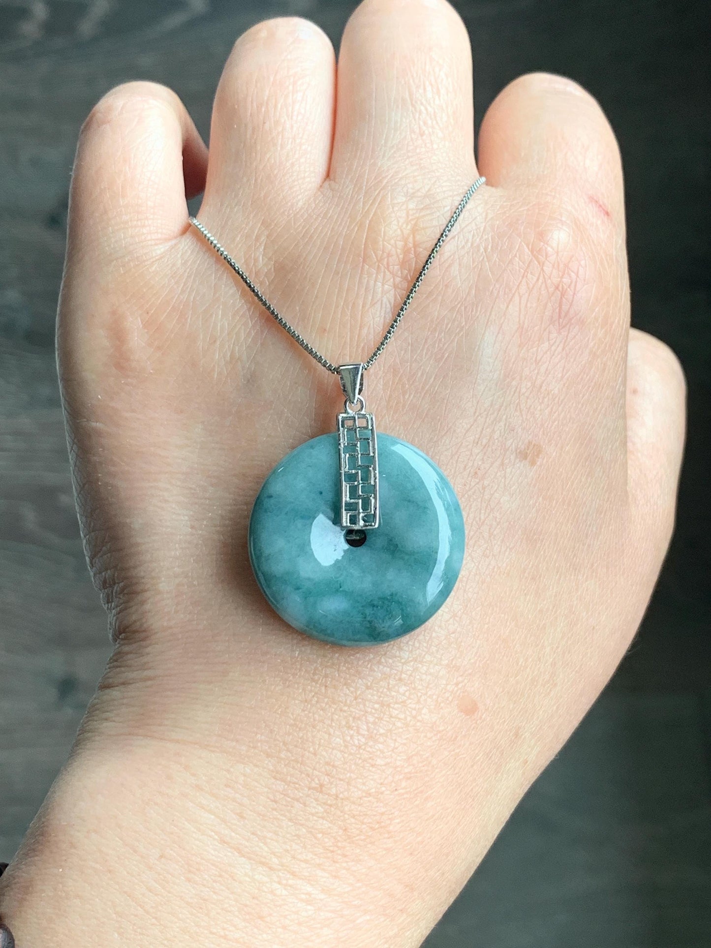 Natural Grade A Icy Translucent Teal Blue Marbled Jadeite Ping An Kou Donut Pendant Sterling Silver Bail 9g 天然糯冰飘花翡翠平安扣吊坠 MPK-3