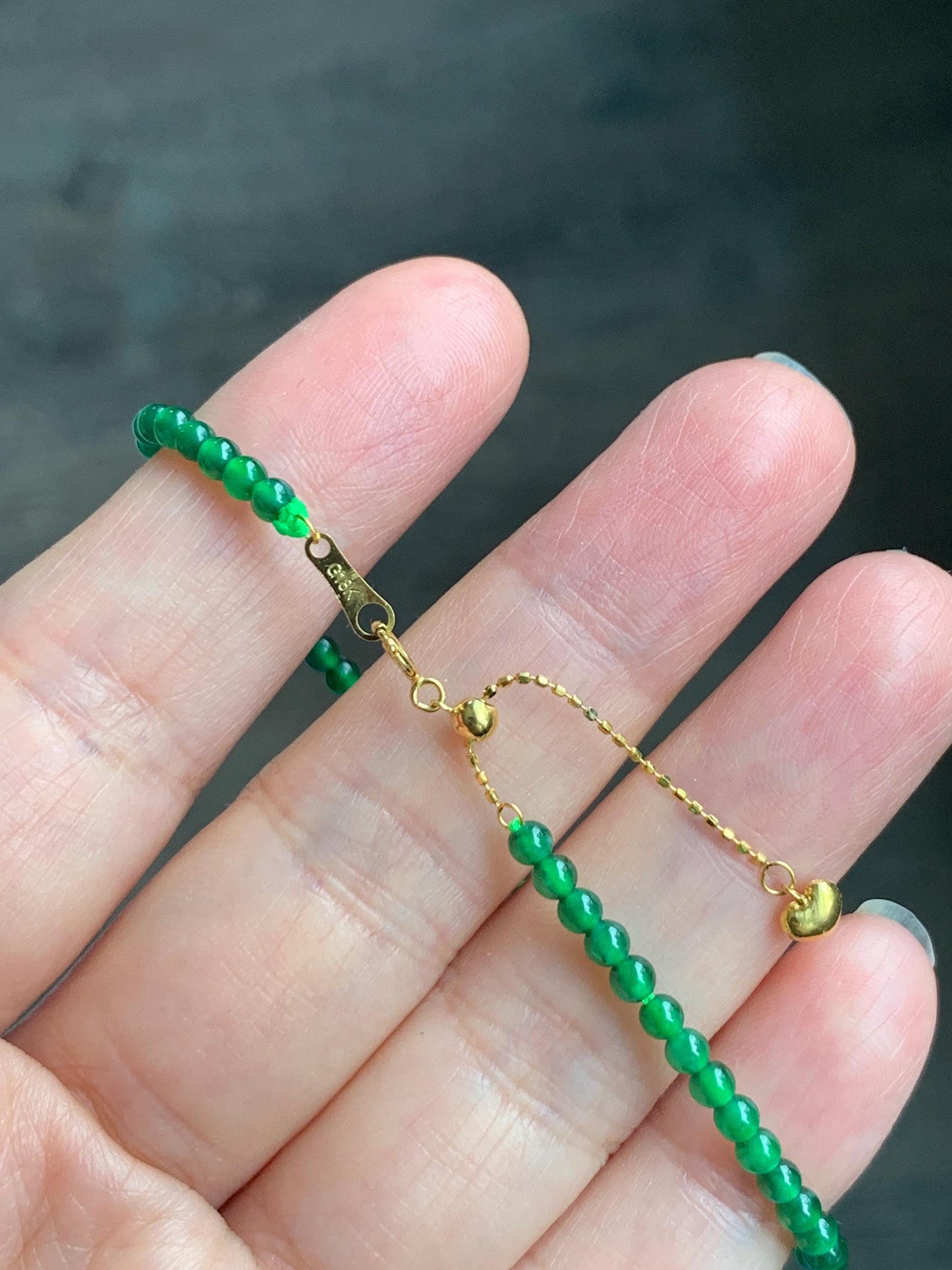 Natural Grade A Guatemalan Icy Translucent Vibrant Green Jadeite Petite Beaded Bracelet 18K Yellow Gold 6.75” 2.9mm 天然高冰危绿翡翠小卡圆珠手串 KJL350