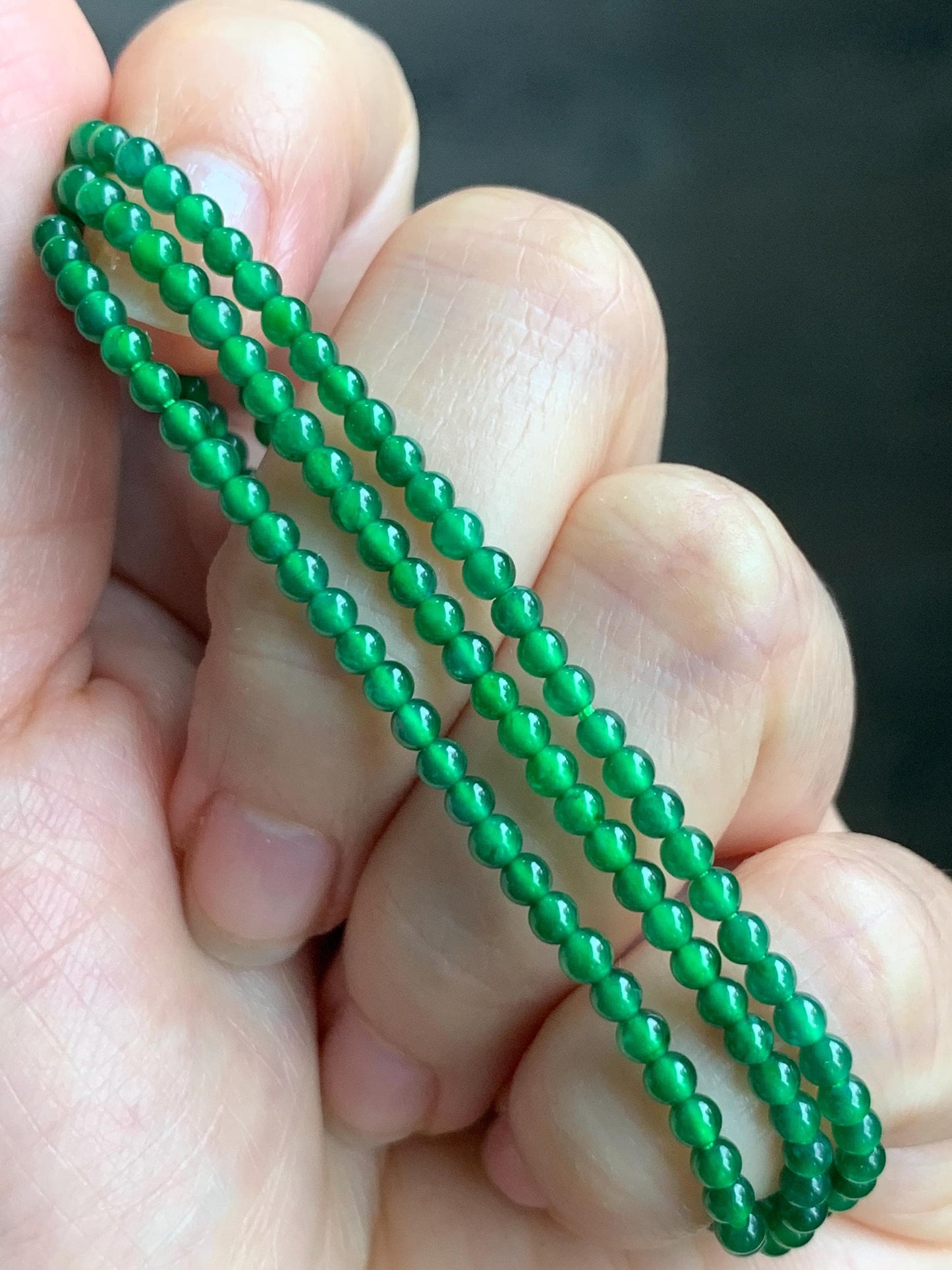 Natural Grade A Guatemalan Icy Translucent Vibrant Green Jadeite Petite Beaded Bracelet 18K Yellow Gold 6.75” 2.9mm 天然高冰危绿翡翠小卡圆珠手串 KJL350