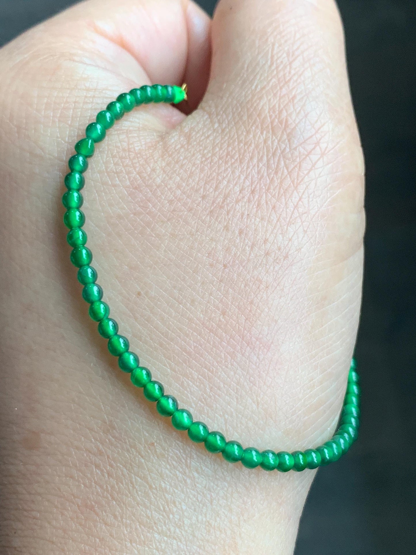 Natural Grade A Guatemalan Icy Translucent Vibrant Green Jadeite Petite Beaded Bracelet 18K Yellow Gold 6.75” 2.9mm 天然高冰危绿翡翠小卡圆珠手串 KJL350