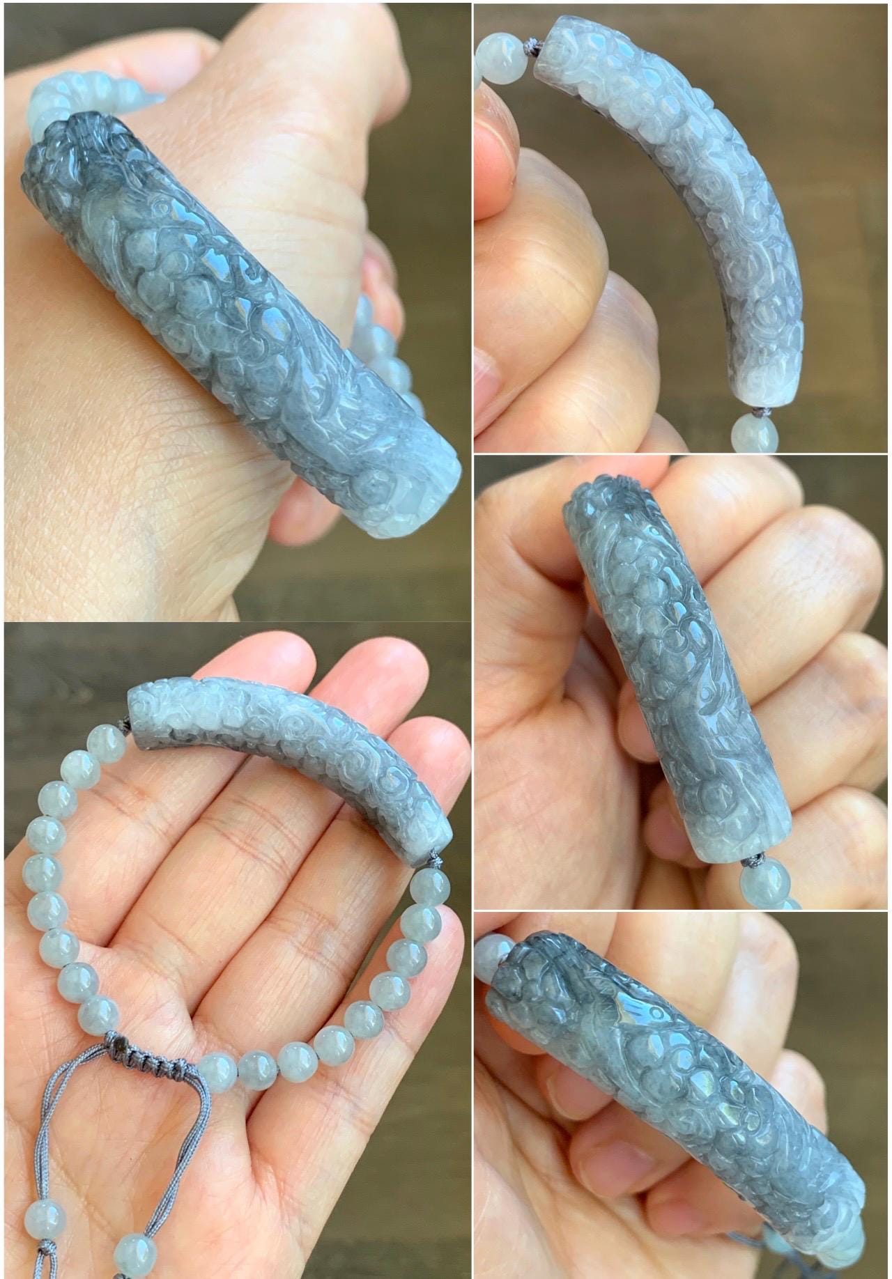 Natural Grade A Icy Translucent Wuji Jadeite Engraved Birds & Flower Cuff Wuji Beads Beaded Rope Bracelet 6.75” 21g 天然冰乌鸡翡翠仿古雕手牌手串 XQW139