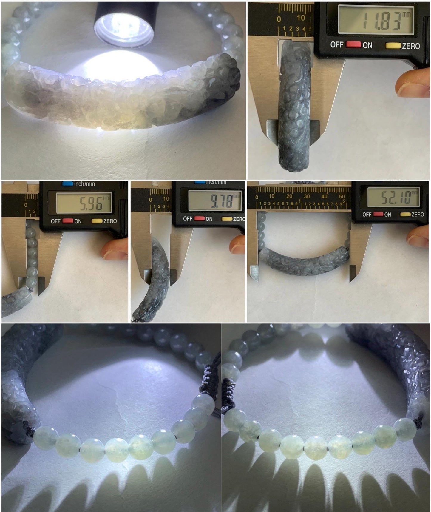 Natural Grade A Icy Translucent Wuji Jadeite Engraved Birds & Flower Cuff Wuji Beads Beaded Rope Bracelet 6.75” 21g 天然冰乌鸡翡翠仿古雕手牌手串 XQW139
