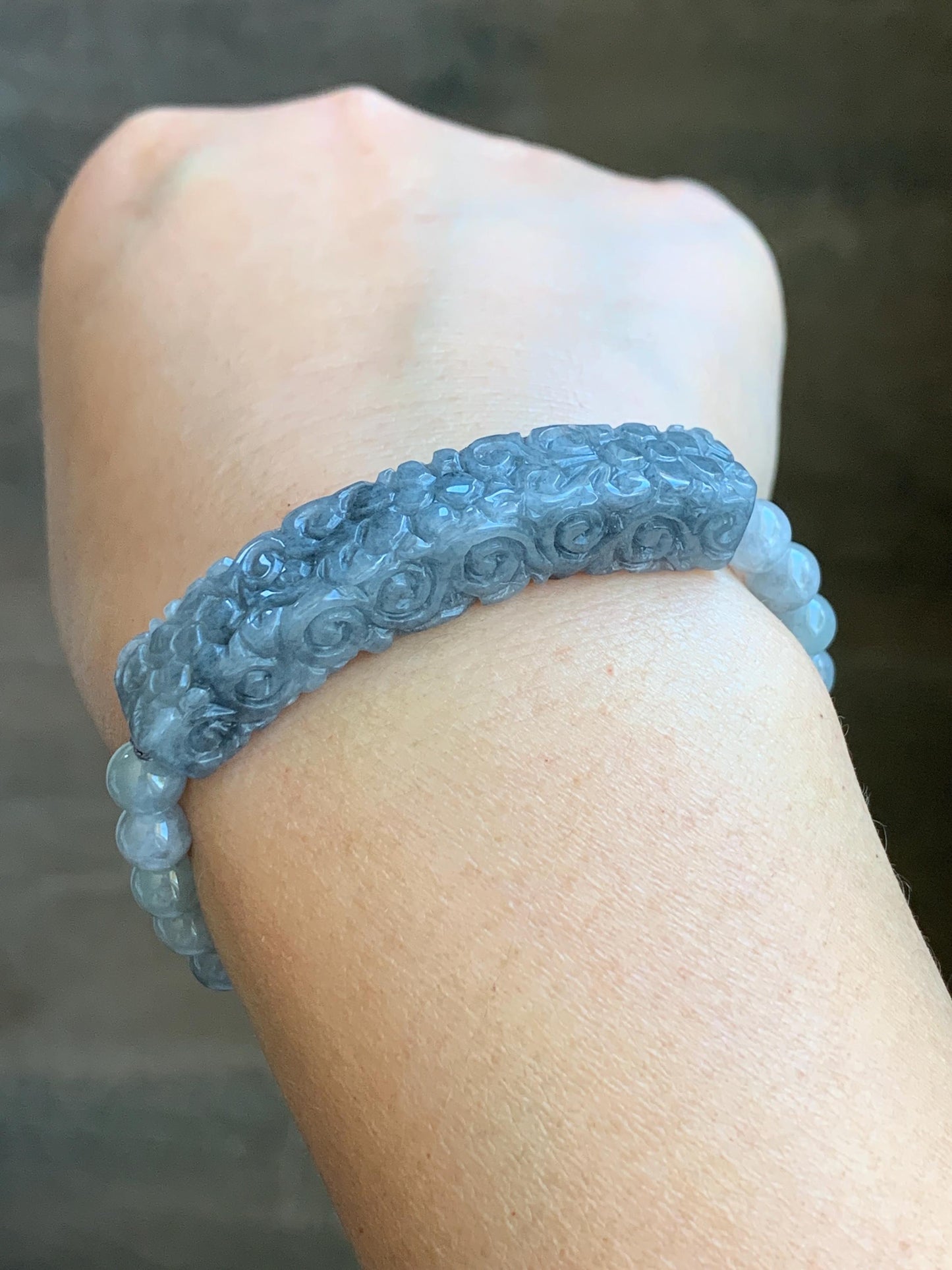Natural Grade A Icy Translucent Wuji Jadeite Engraved Cuff Wuji Jadeite Beads Beaded Rope Bracelet 6.75” 19g 天然冰乌鸡翡翠仿古雕手牌手串 FGW129