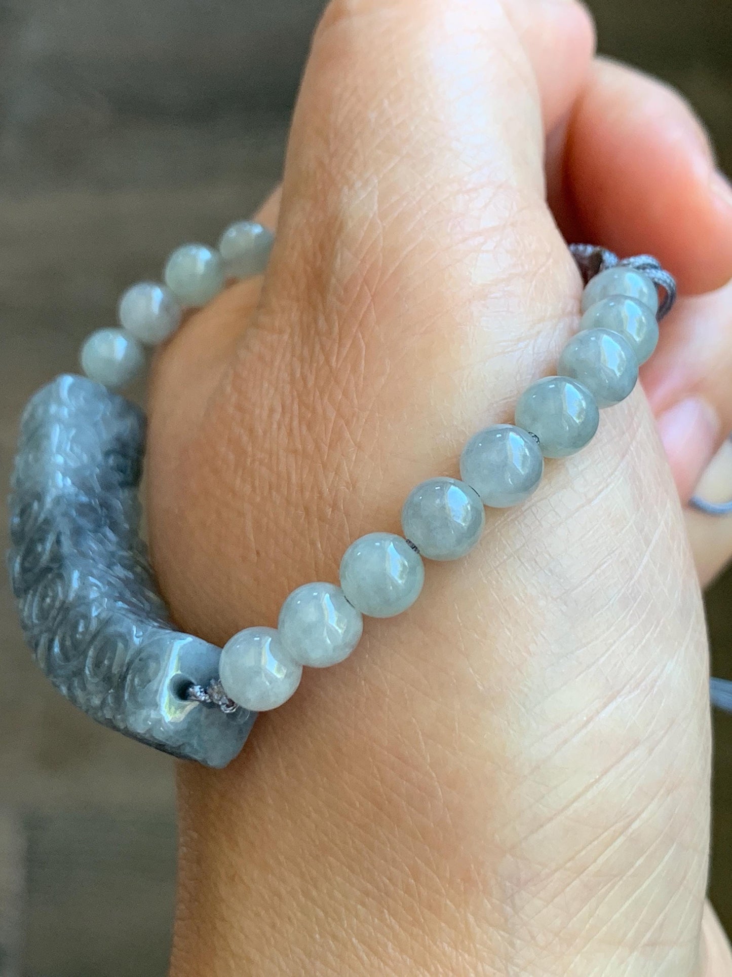 Natural Grade A Icy Translucent Wuji Jadeite Engraved Cuff Wuji Jadeite Beads Beaded Rope Bracelet 6.75” 19g 天然冰乌鸡翡翠仿古雕手牌手串 FGW129