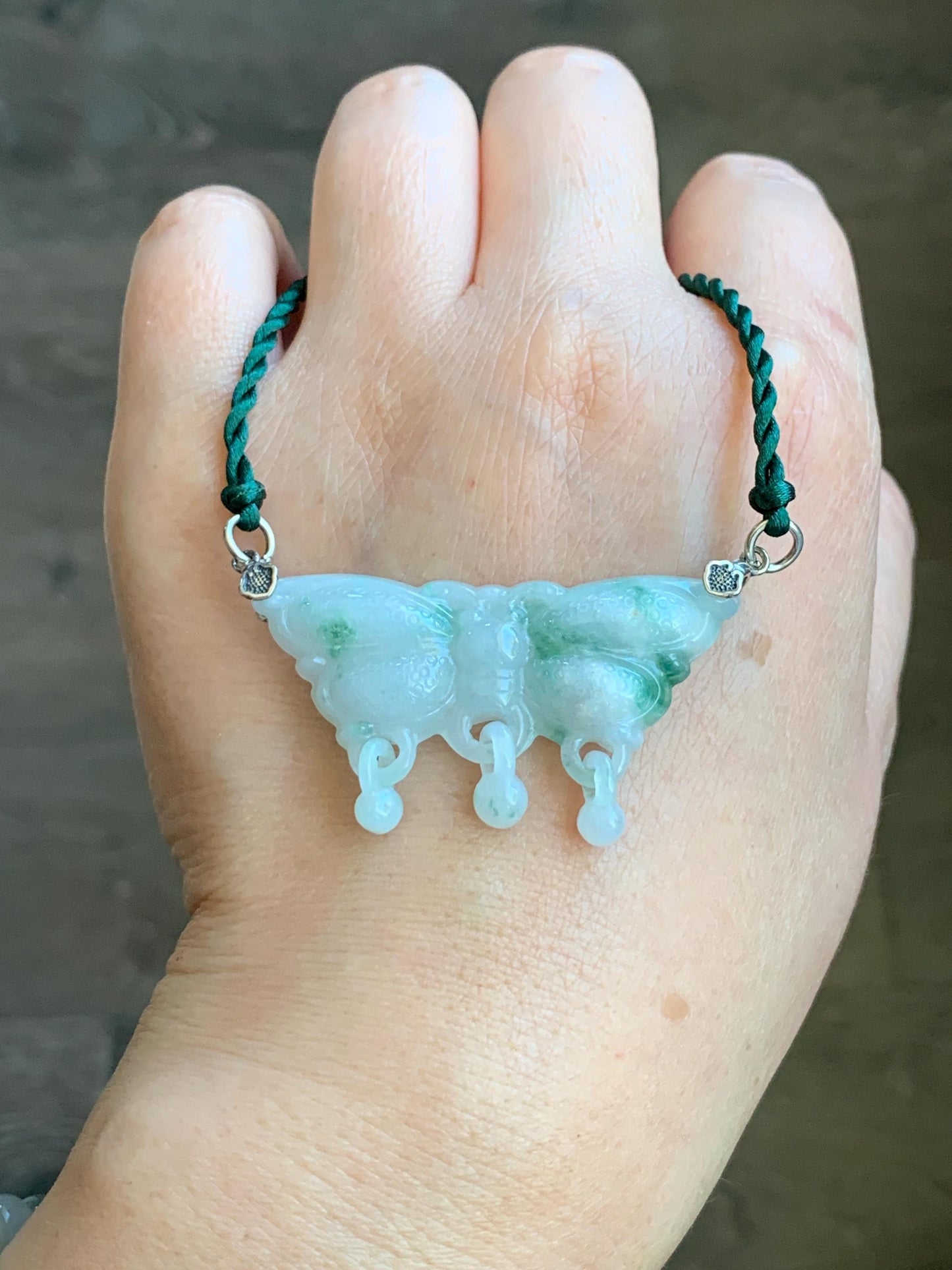 Natural Grade A Icy Translucent Green Marbled Jadeite Butterfly Pendant Rope Necklace Sterling Silver Clasp 20” 11g 天然冰飘花翡翠蝴蝶玉衡吊坠项链 A