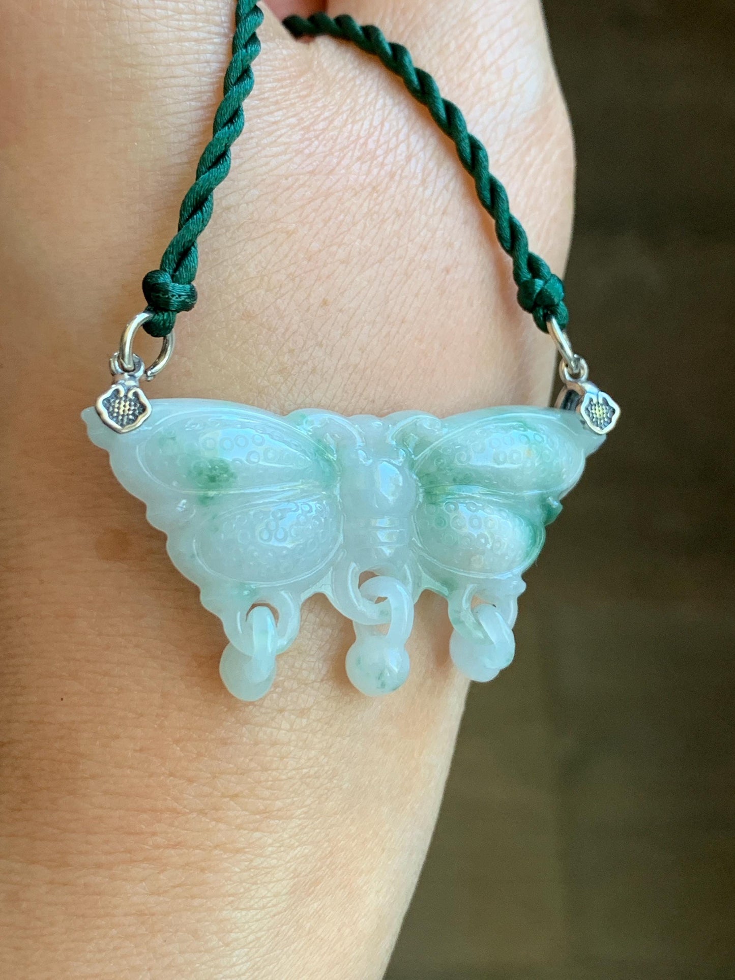 Natural Grade A Icy Translucent Green Marbled Jadeite Butterfly Pendant Rope Necklace Sterling Silver Clasp 20” 11g 天然冰飘花翡翠蝴蝶玉衡吊坠项链 A