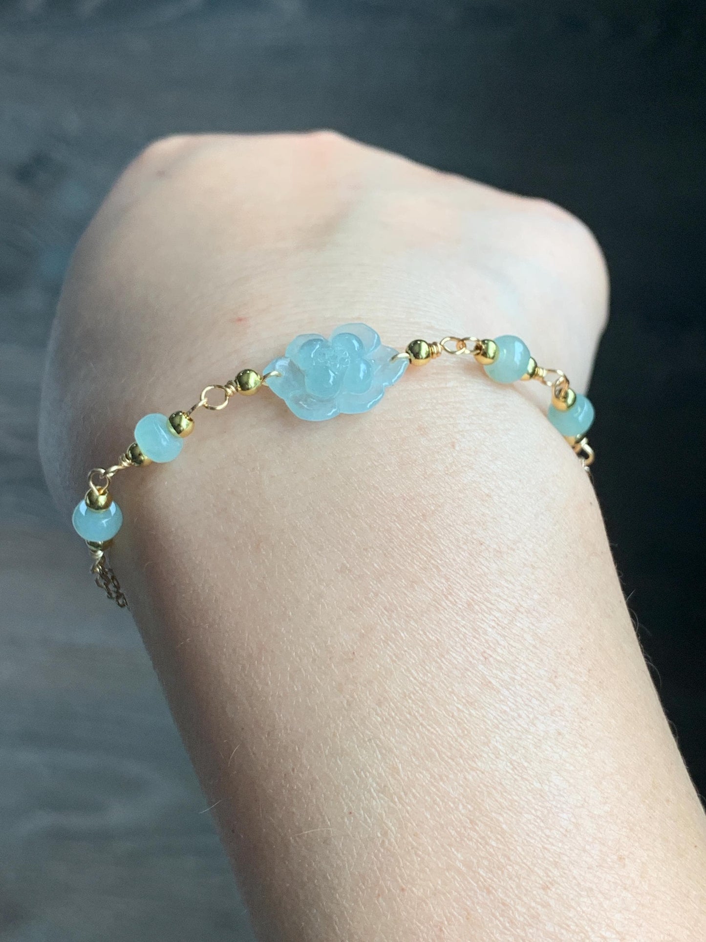 Natural Grade A Icy Translucent Light Green Jadeite Lotus Flower Chain Bracelet 14K Gold Filled Magnetic Clasp 6.5” 天然冰晴翡翠莲花14K包金手链 BJH-A