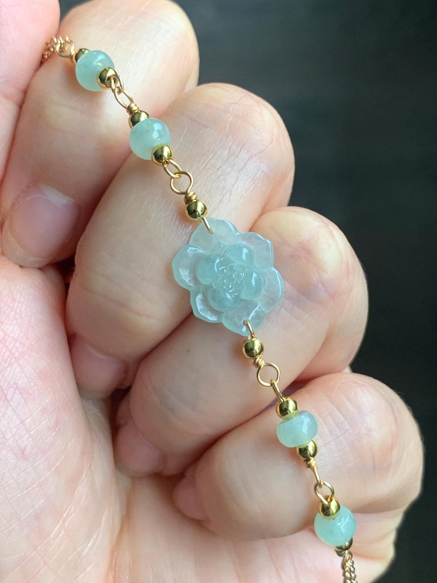 Natural Grade A Icy Translucent Light Green Jadeite Lotus Flower Chain Bracelet 14K Gold Filled Magnetic Clasp 6.5” 天然冰晴翡翠莲花14K包金手链 BJH-A
